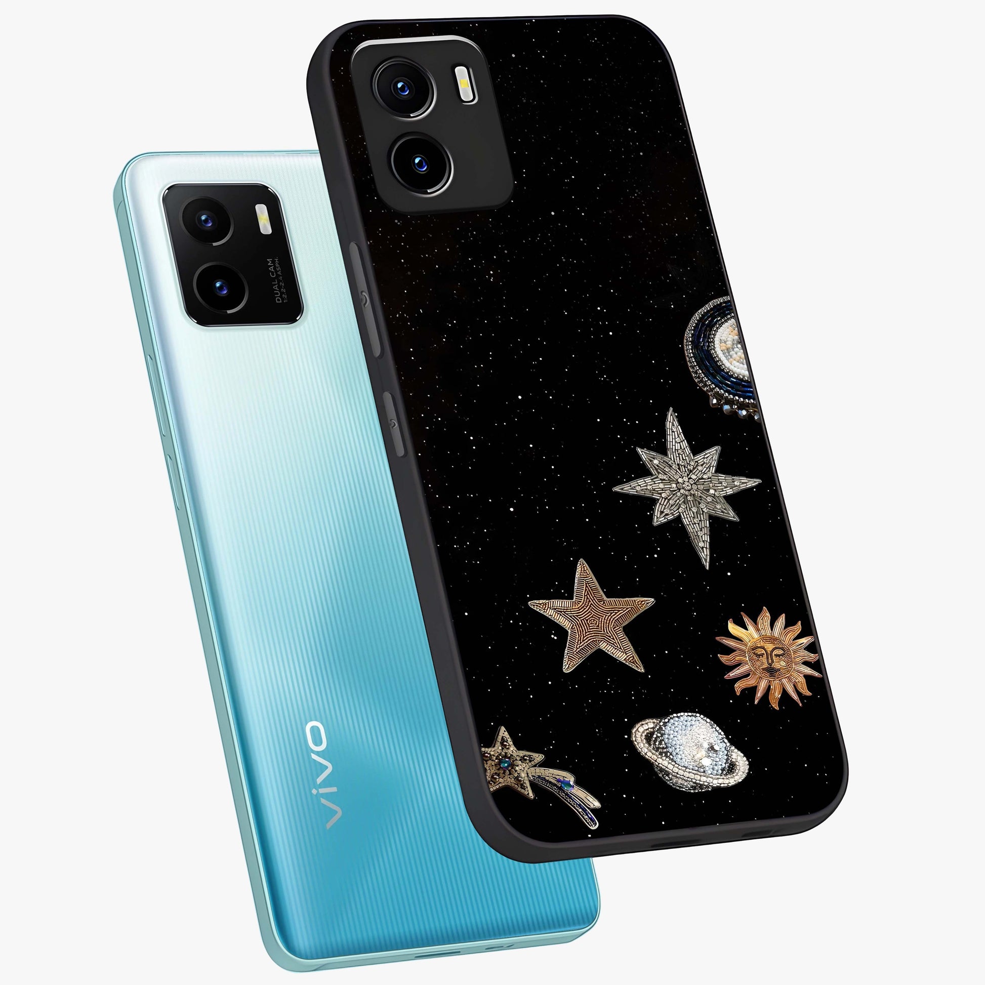 Galactic Charm Glow Glass Case displayed in angled mockup highlighting luminous galaxy inspired design with dreamy aesthetic.