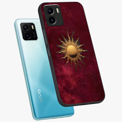 Golden Sun Minimalism Glass Case displayed in angled mockup highlighting clean sun symbol design with modern minimal aesthetic.