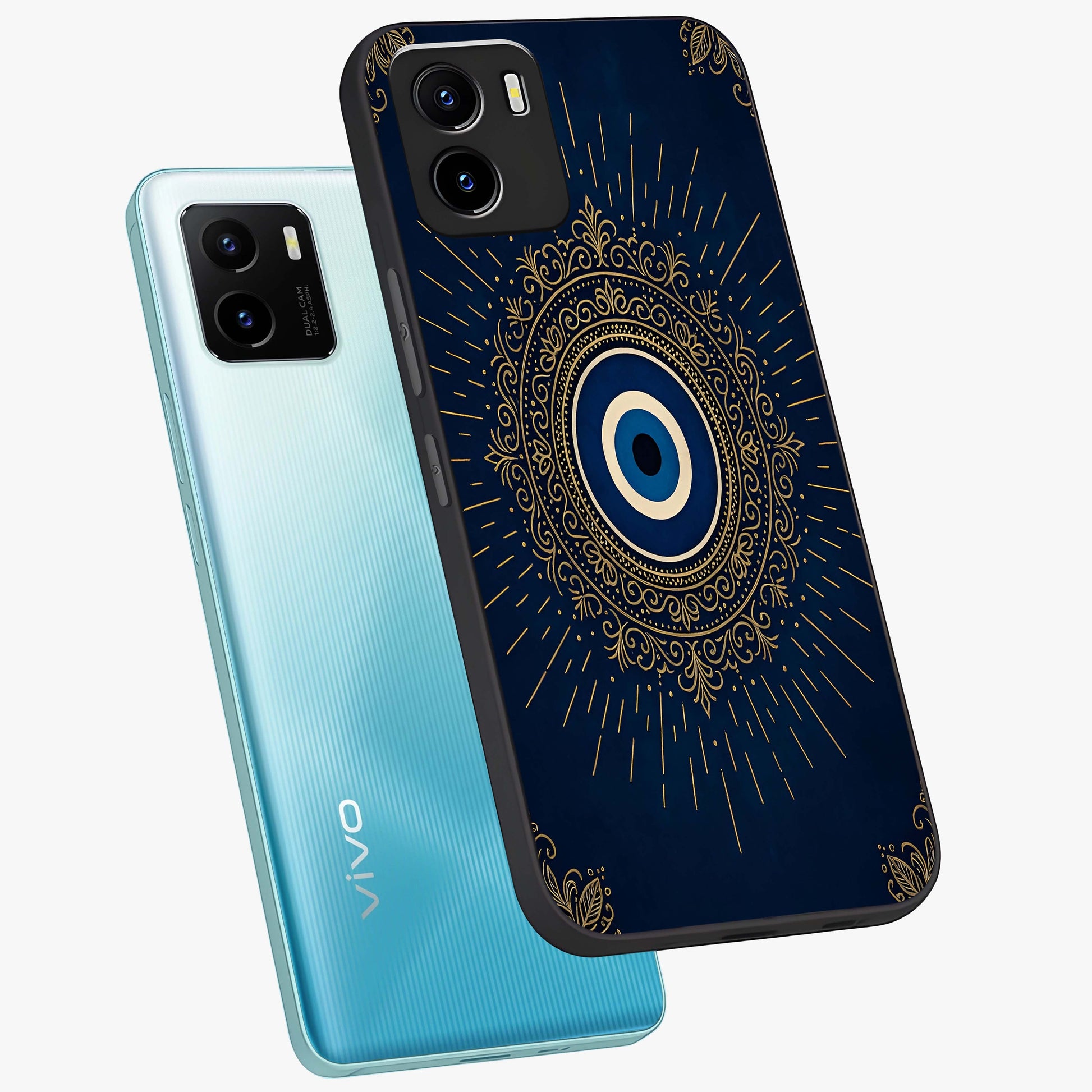 Golden Celestial Charm Glass Case displayed in angled mockup highlighting sparkling cosmic charm design with celestial aesthetic.