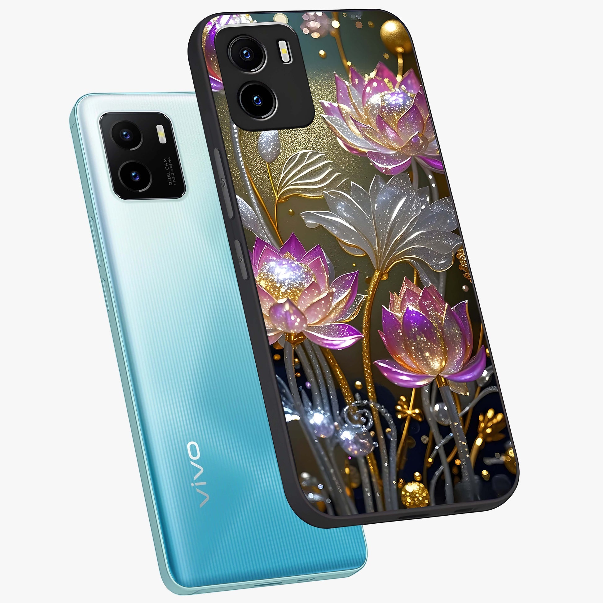 Golden Floral Majesty Glass Case displayed in angled mockup highlighting elegant flower design with royal golden aesthetic.