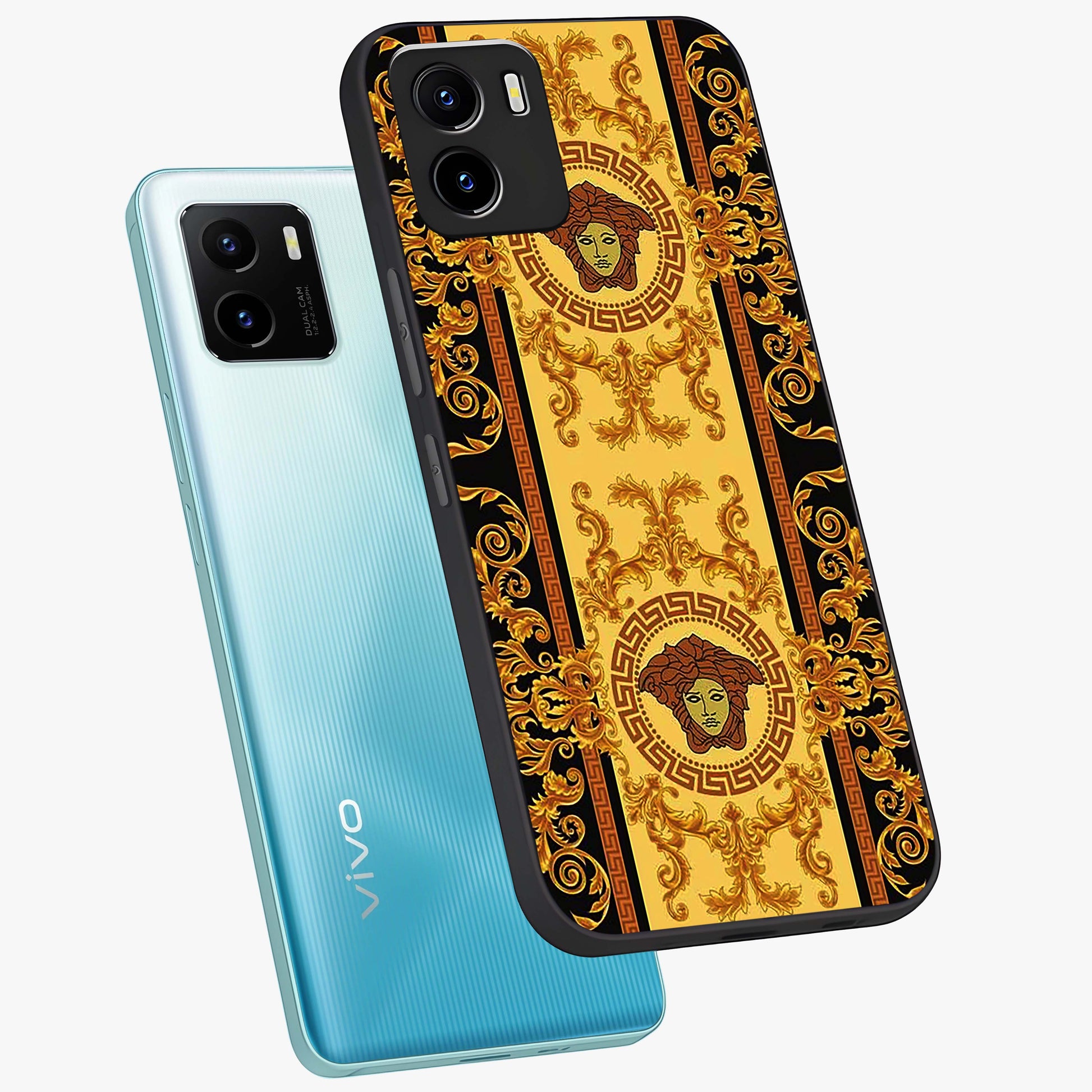 Golden Lotus Glow Glass Case displayed in angled mockup highlighting radiant lotus illustration with spiritual aesthetic.