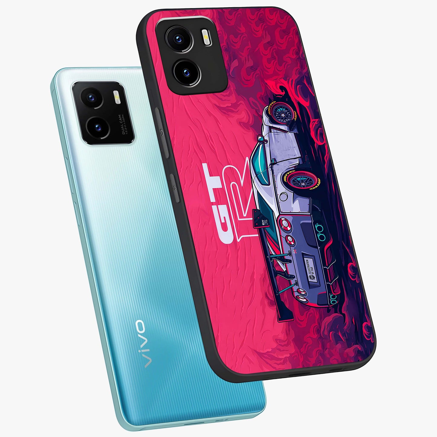GT-R Car Pattern Glass Case displayed in angled mockup highlighting racing car graphic design with bold automotive aesthetic.