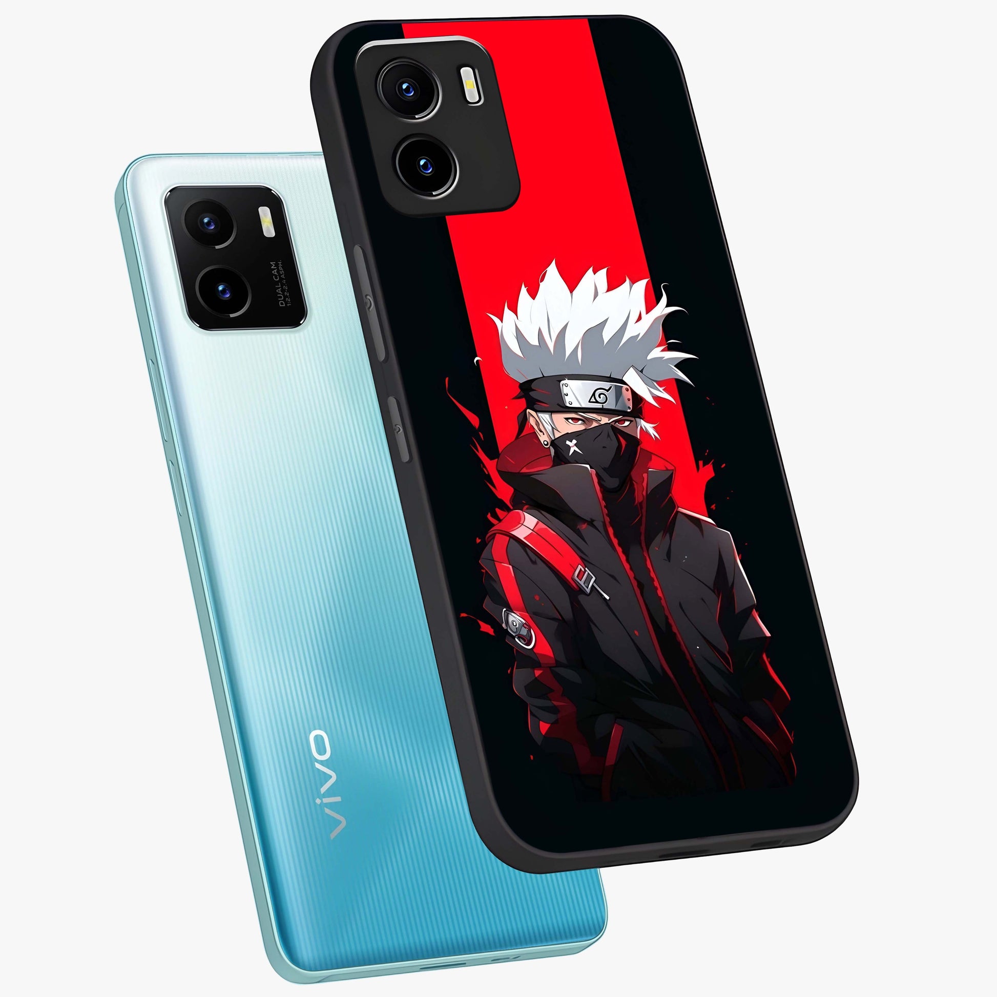 Kakashi Scarlet Shadow Glass Case displayed in angled mockup highlighting dramatic ninja illustration with scarlet themed aesthetic.