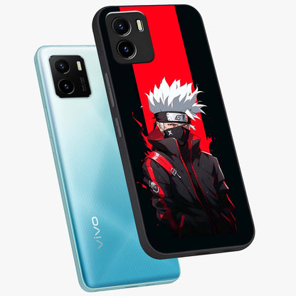 Kakashi Scarlet Shadow Glass Case displayed in angled mockup highlighting dramatic ninja illustration with scarlet themed aesthetic.