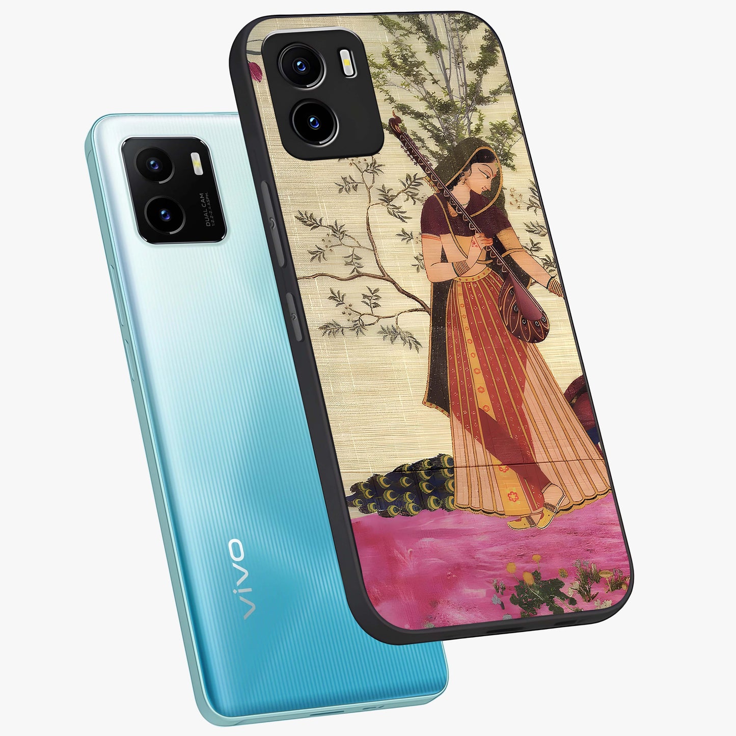 Lady With Veena Art Glass Case displayed in angled mockup highlighting graceful musical illustration with cultural artistic aesthetic.