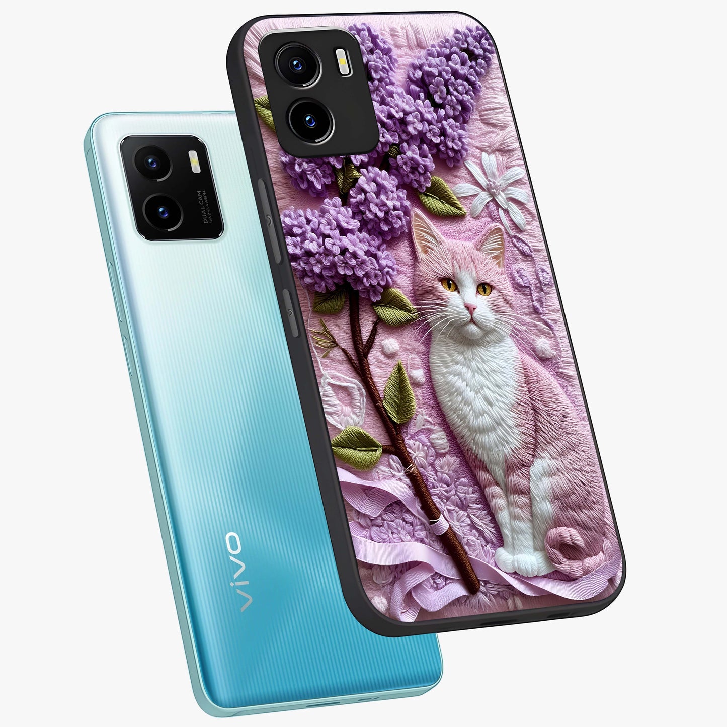 Lavender Cat Whimsy Glass Case displayed in angled mockup highlighting playful feline illustration with pastel lavender aesthetic.