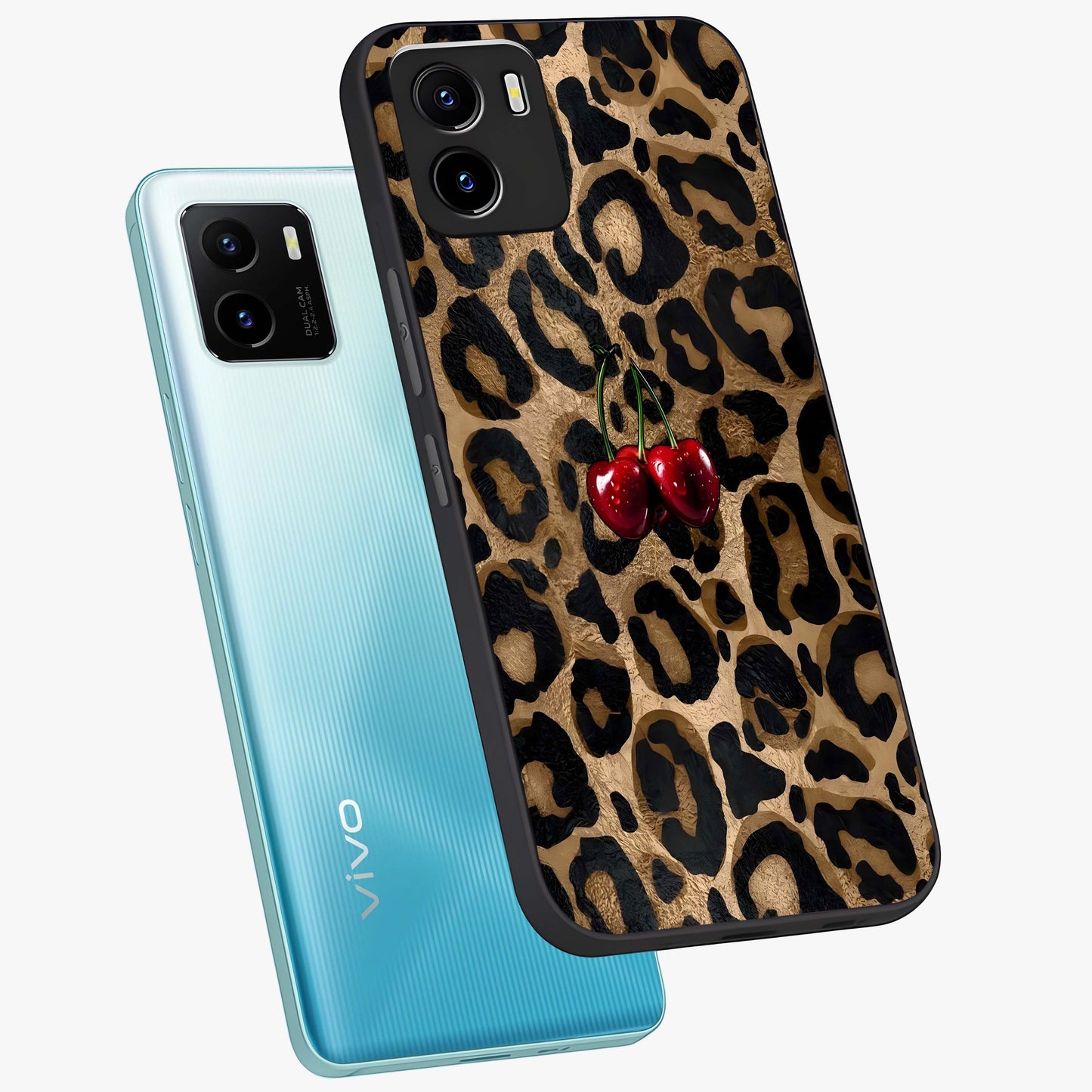 Leopard Wild Cherry Glass Case displayed in angled mockup highlighting bold animal print design with playful cherry aesthetic.