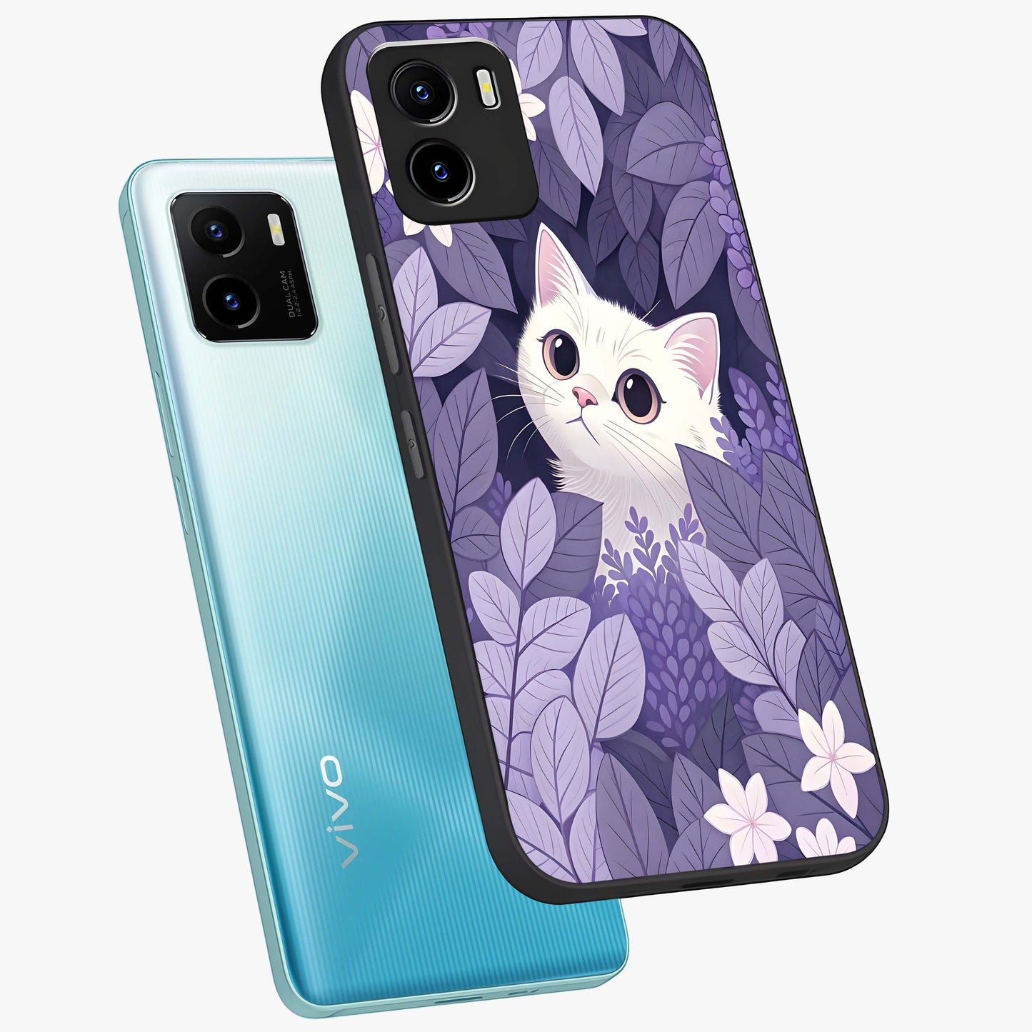 Lilac Hide Peek Cat Glass Case displayed in angled mockup highlighting playful feline illustration with lilac aesthetic design.
