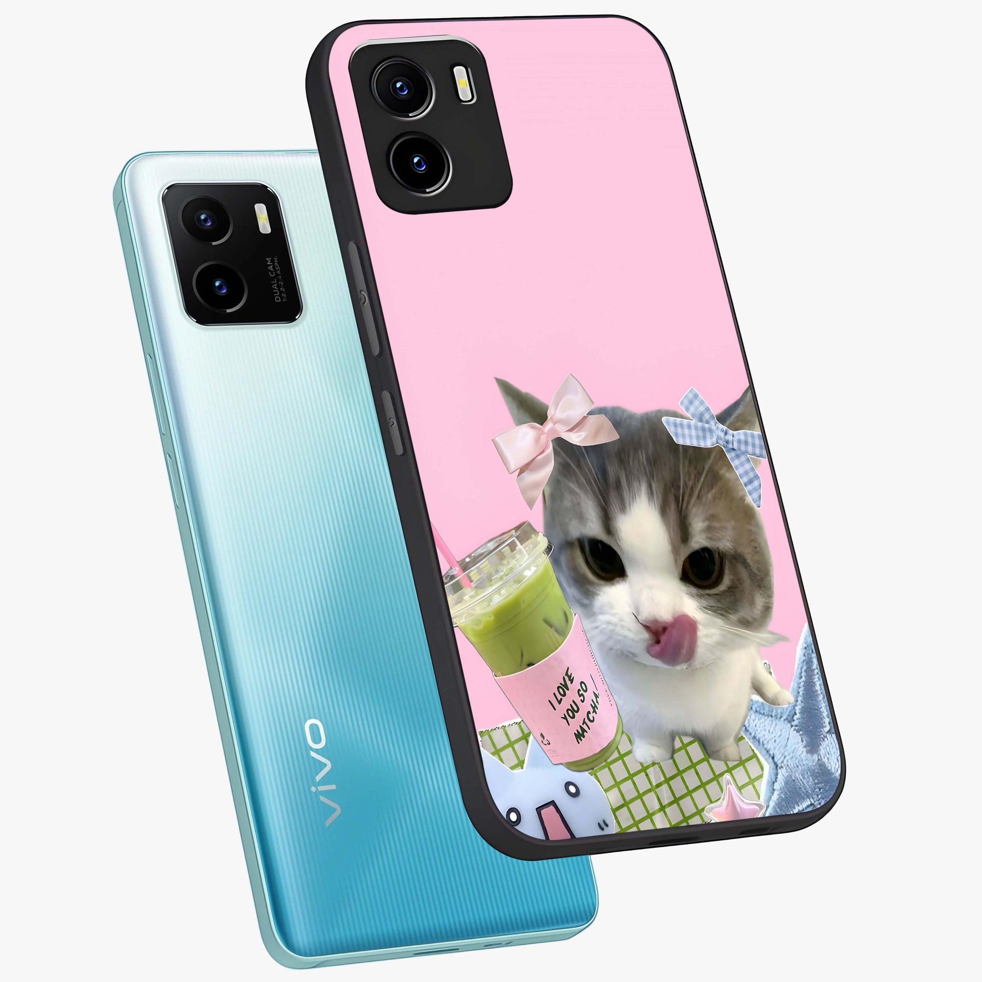 Love Matcha Cat Glass Case displayed in angled mockup highlighting playful feline illustration with cozy matcha aesthetic.