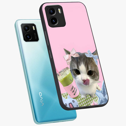 Love Matcha Cat Glass Case displayed in angled mockup highlighting playful feline illustration with cozy matcha aesthetic.