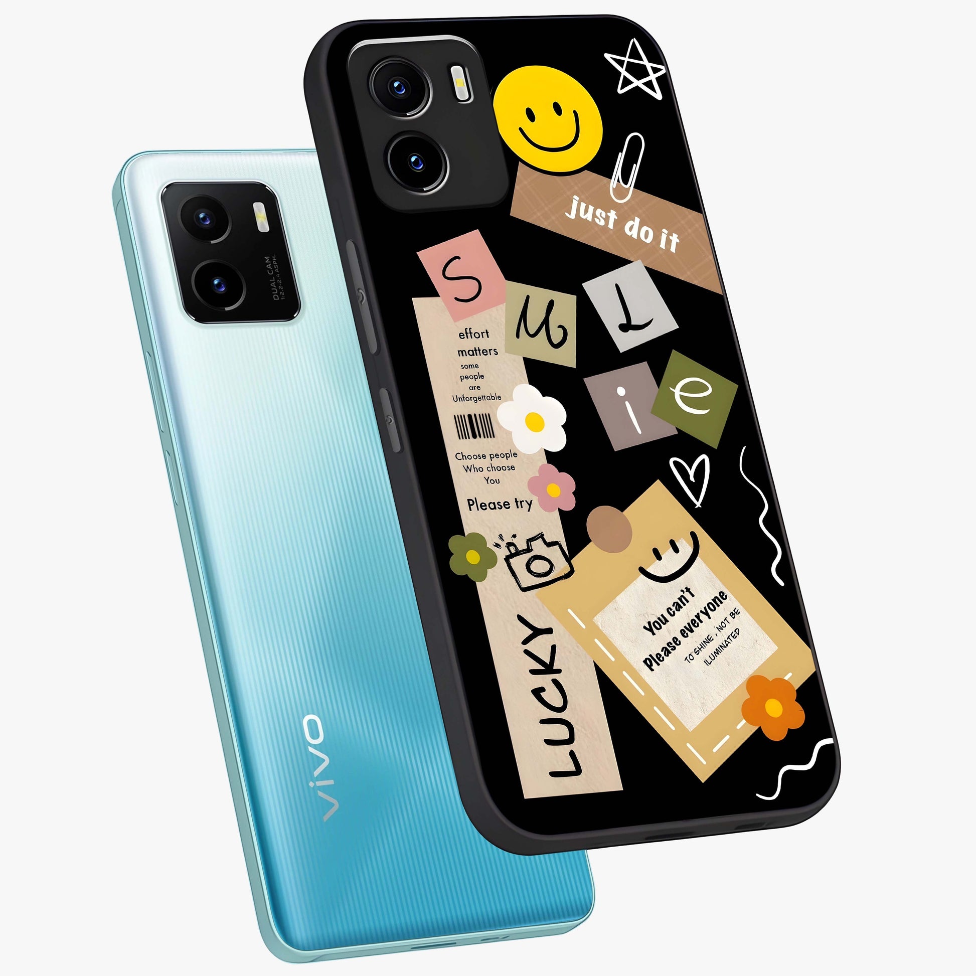 Lucky Aesthetic Collage Glass Case displayed in angled mockup highlighting stylish collage pattern with modern aesthetic vibe.
