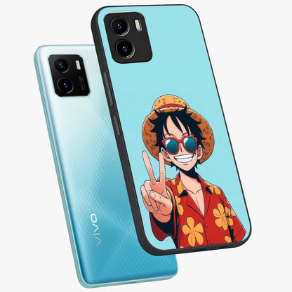 Luffy Summer Anime Vibe Glass Case displayed in angled mockup highlighting energetic anime illustration with summer vibe aesthetic.