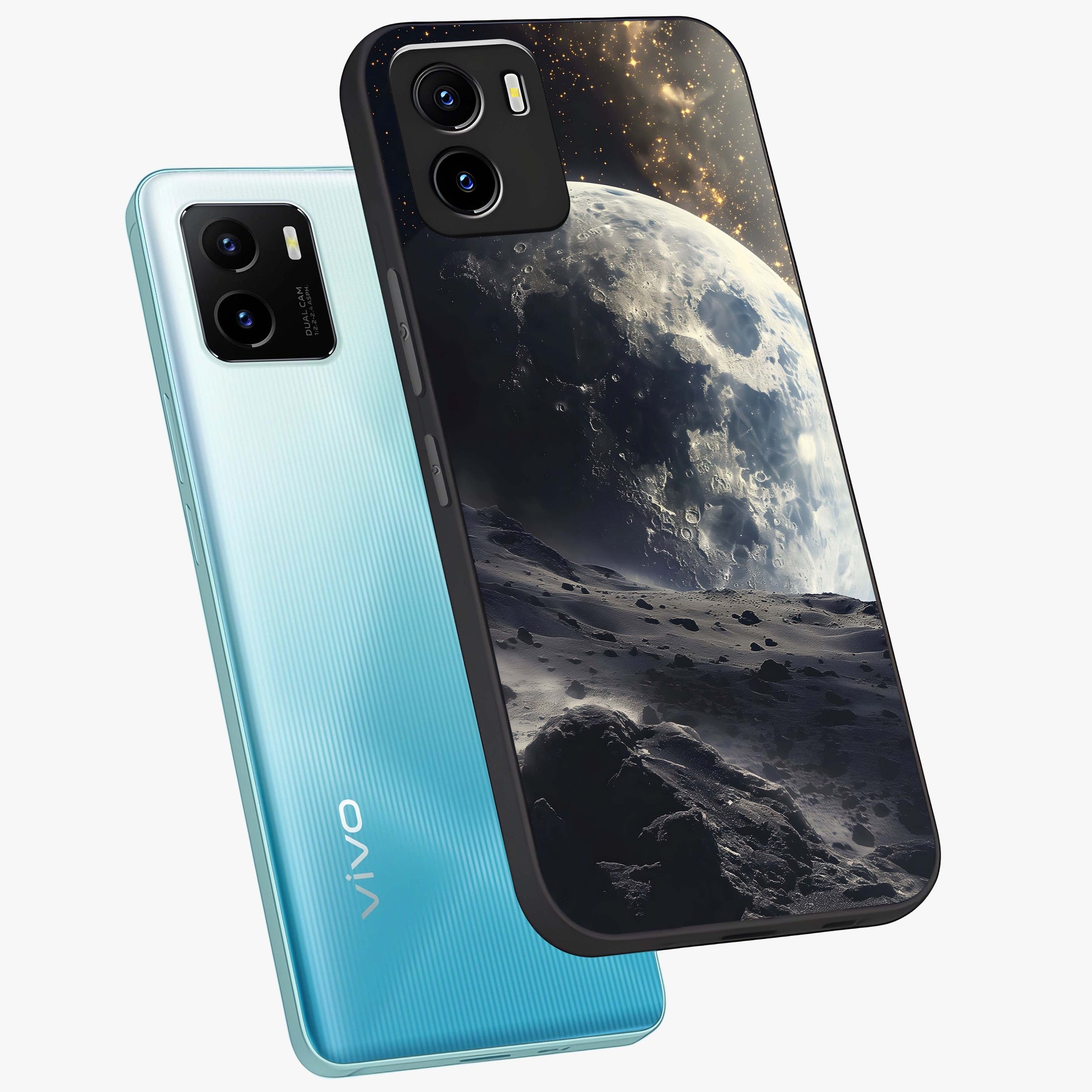 Lunar Horizon Glow Glass Case displayed in angled mockup highlighting celestial moon design with dreamy night aesthetic.