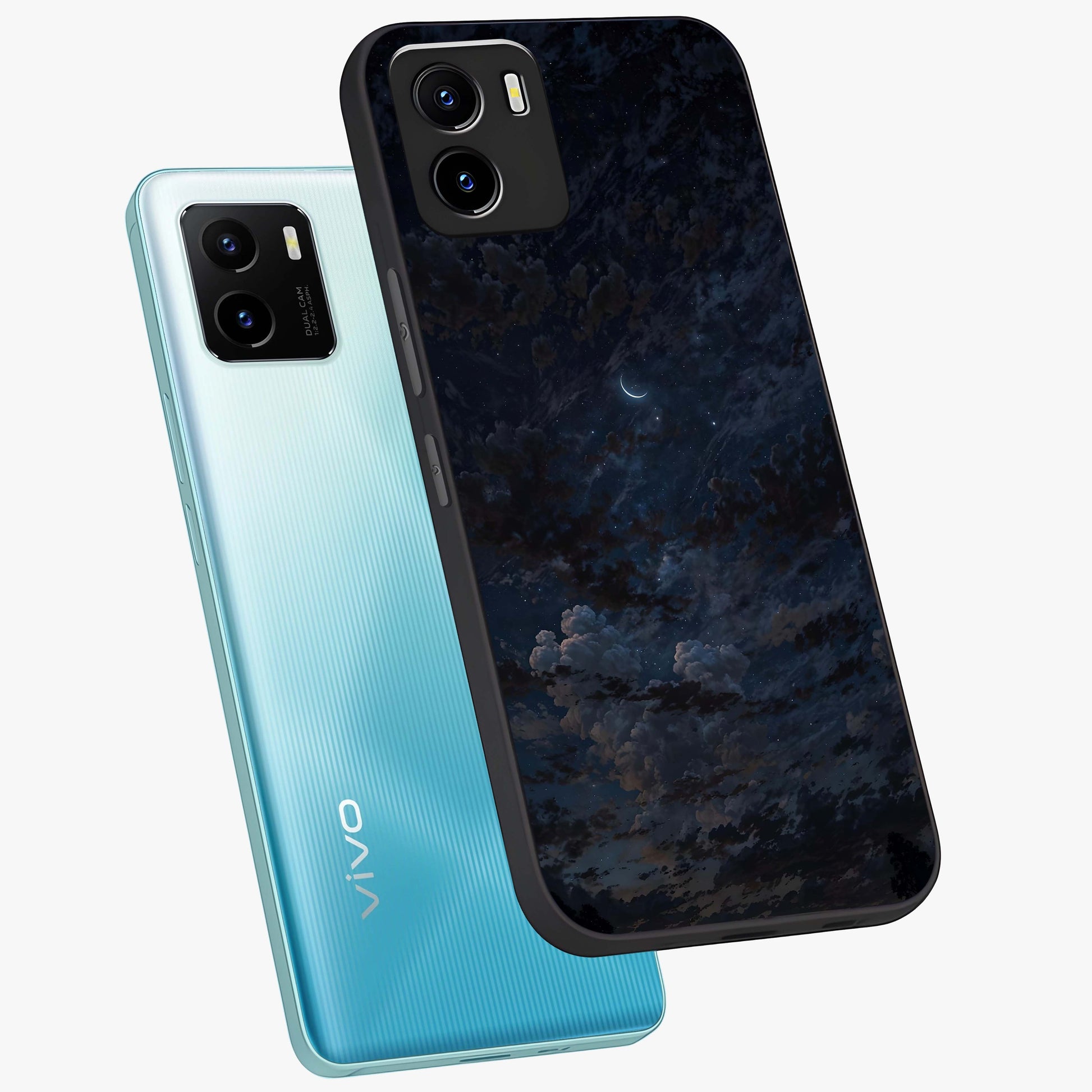 Lunar Veil Silence Glass Case displayed in angled mockup highlighting soft lunar design with peaceful celestial aesthetic.