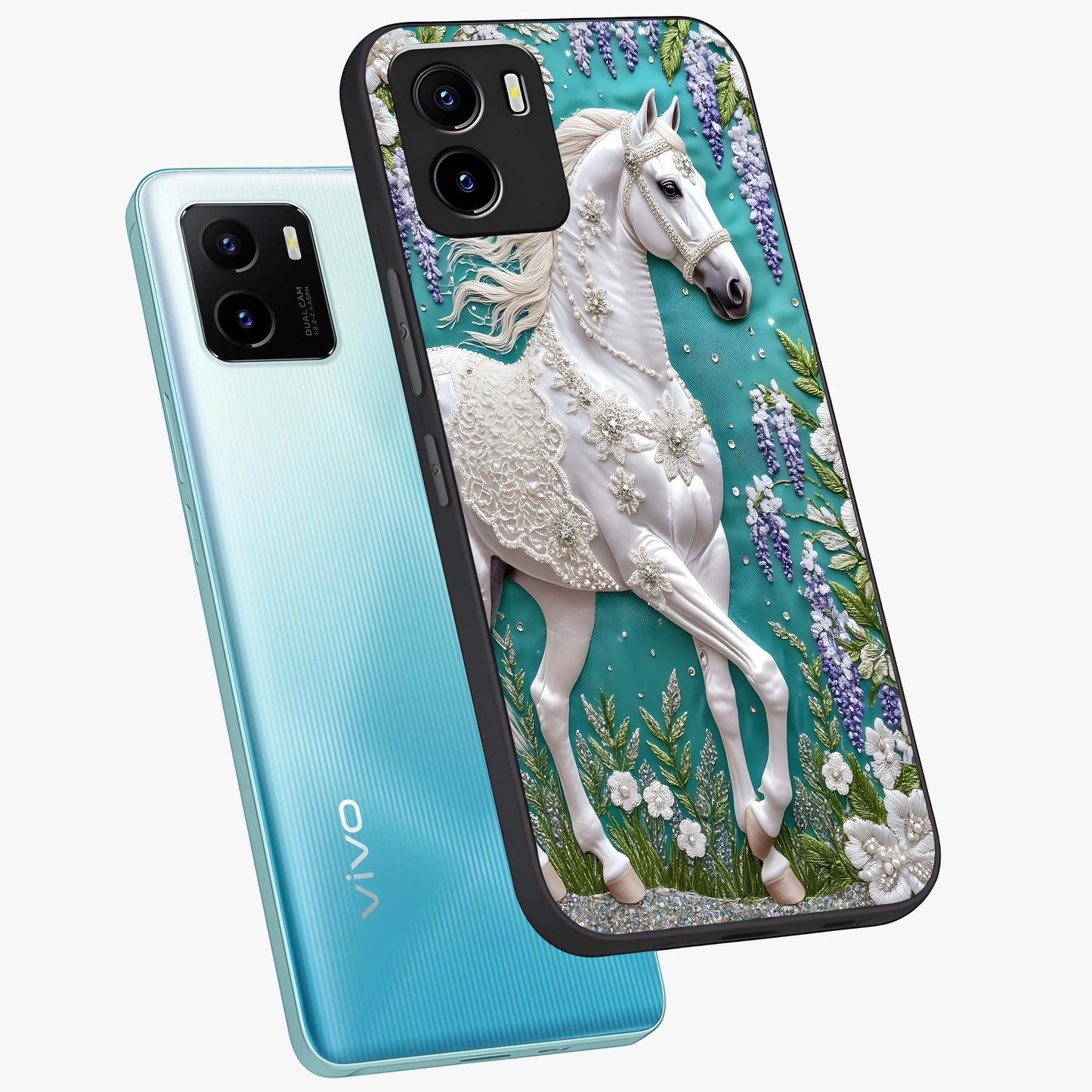 Majestic Floral Stallion Glass Case displayed in angled mockup highlighting majestic stallion illustration with elegant floral aesthetic.