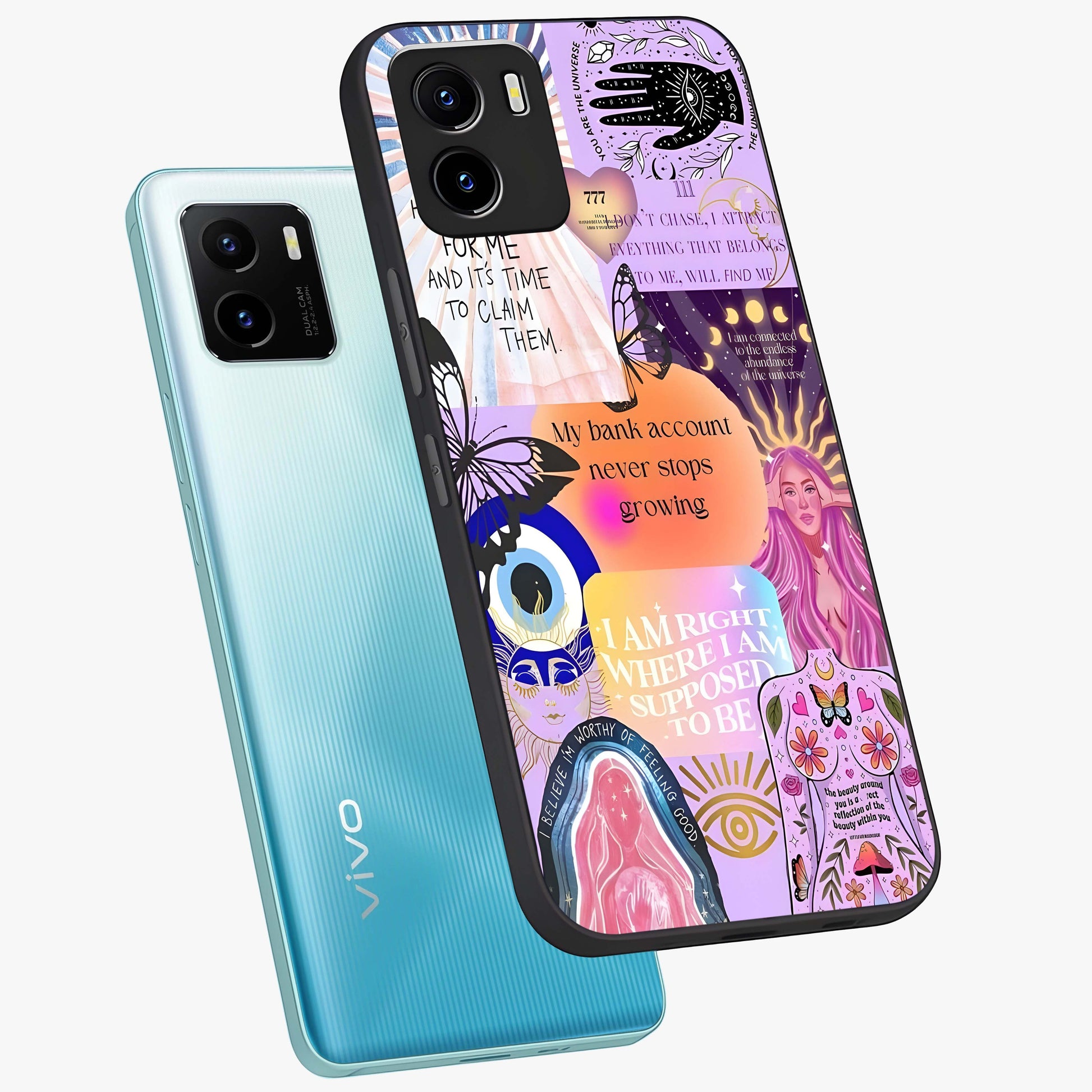 Manifestation Collage Glass Case displayed in angled mockup highlighting inspirational aesthetic collage design.