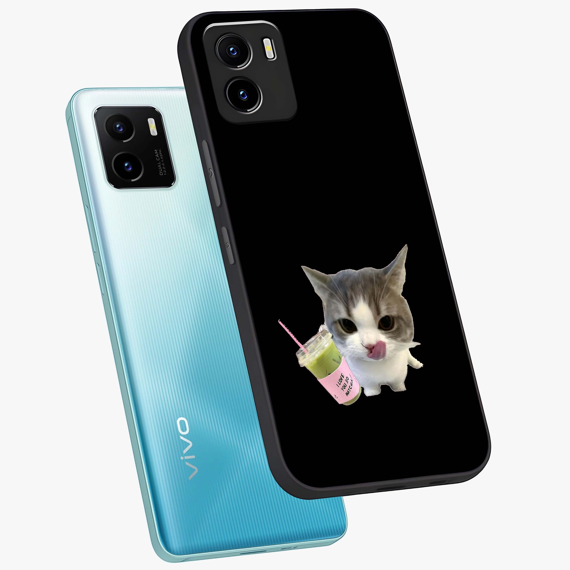 Matcha Cat Style Glass Case displayed in angled mockup highlighting playful feline design with pastel matcha aesthetic.