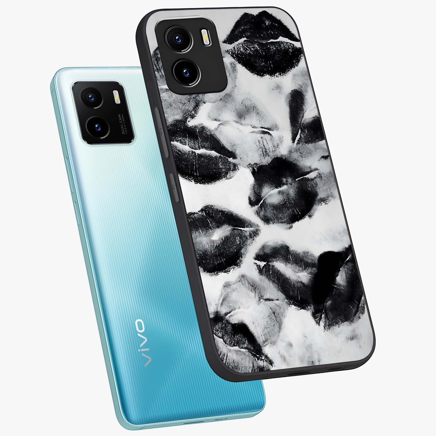 Midnight Kiss Marks Glass Case displayed in angled mockup highlighting playful romantic design with bold midnight aesthetic.