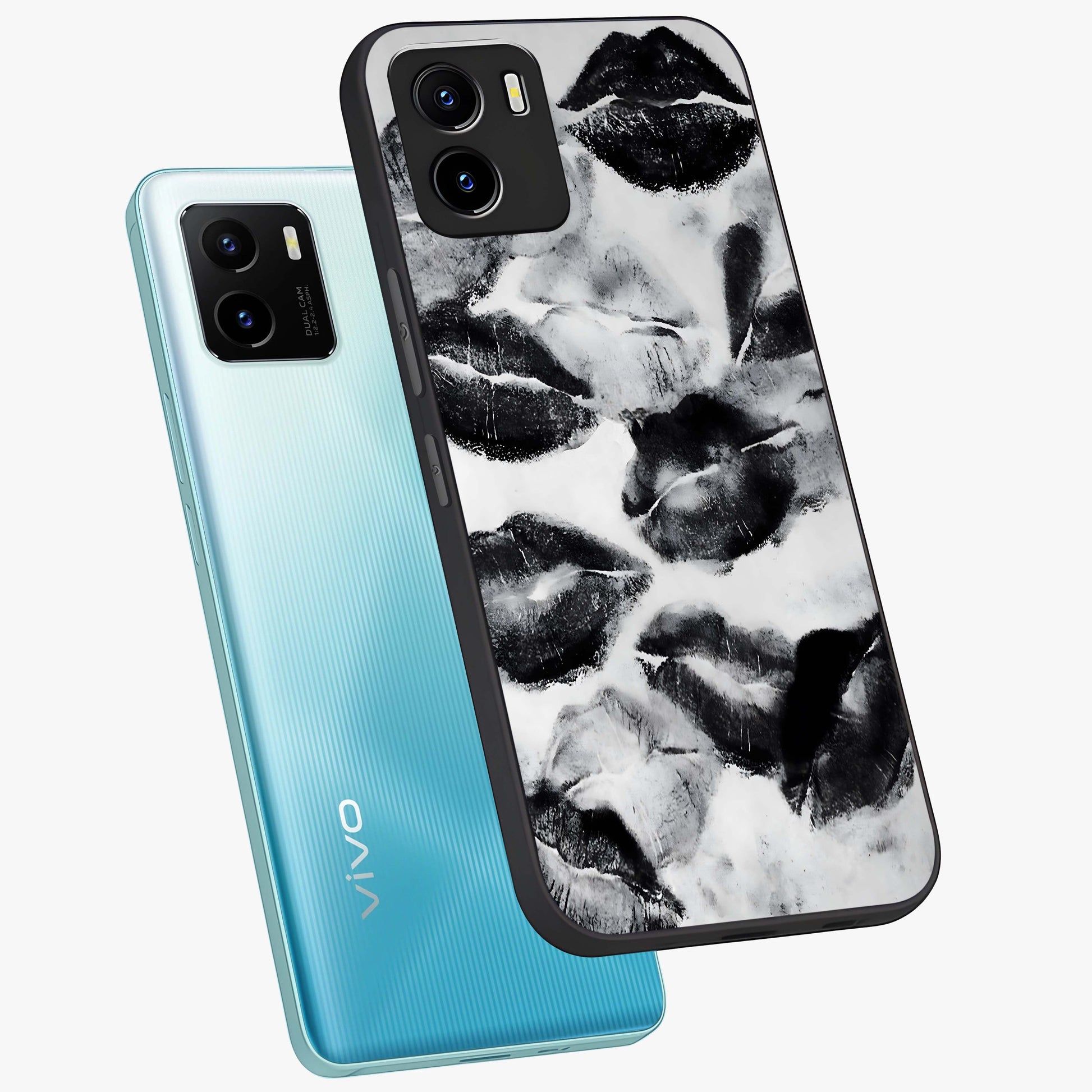 Midnight Kiss Marks Glass Case displayed in angled mockup highlighting playful romantic design with bold midnight aesthetic.