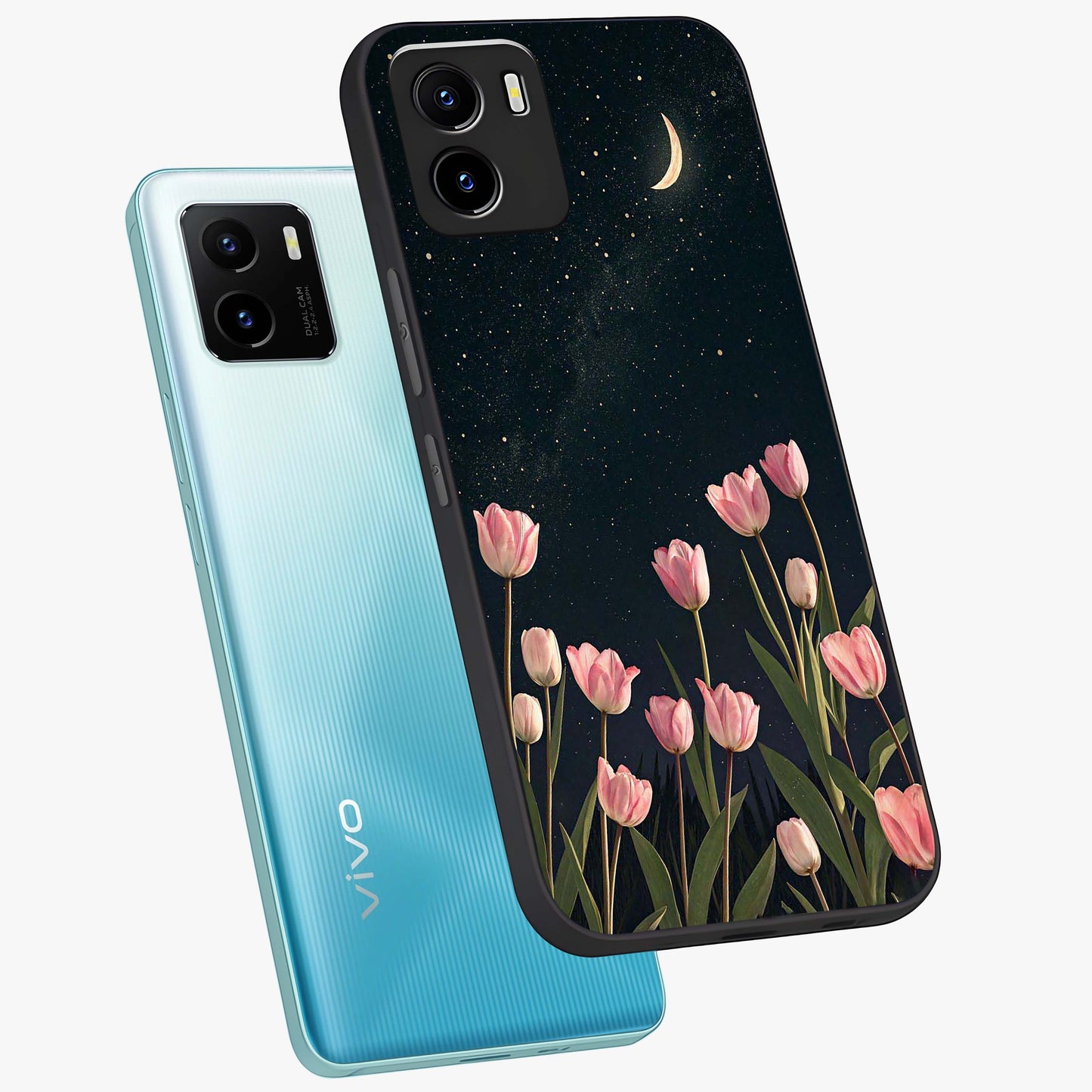 Midnight Tulip Whispers Vibe Glass Case displayed in angled mockup highlighting delicate tulip design with midnight floral aesthetic.