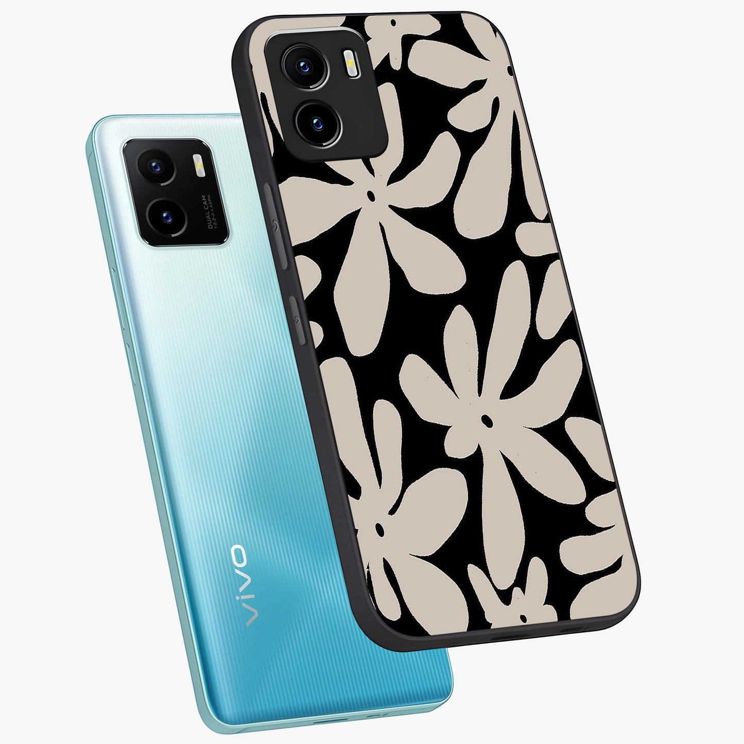 Monochrome Petal Dance Glass Case displayed in angled mockup highlighting elegant petal design with black and white aesthetic.