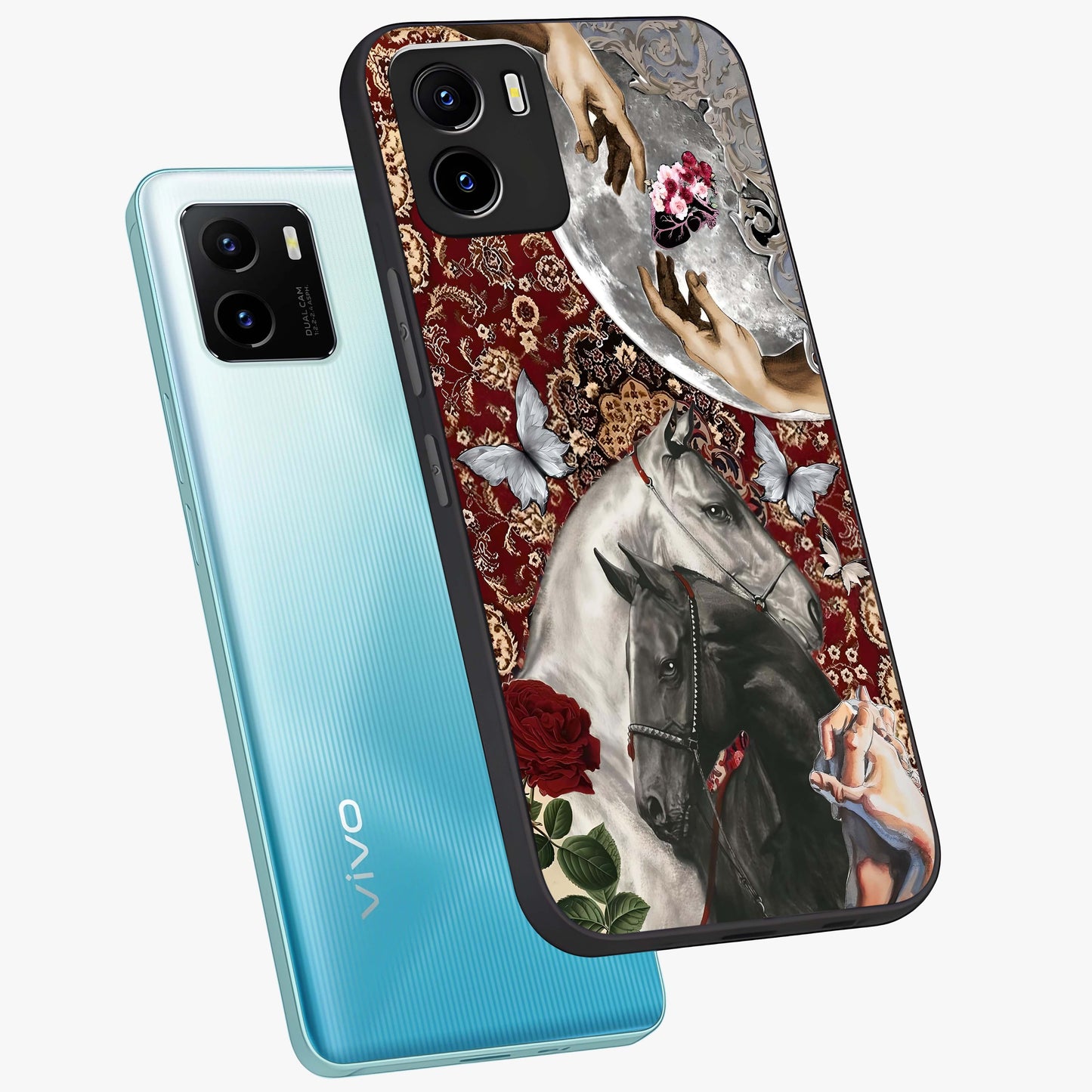 Moonlit Royal Stallion Glass Case displayed in angled mockup highlighting powerful stallion illustration with royal night aesthetic.