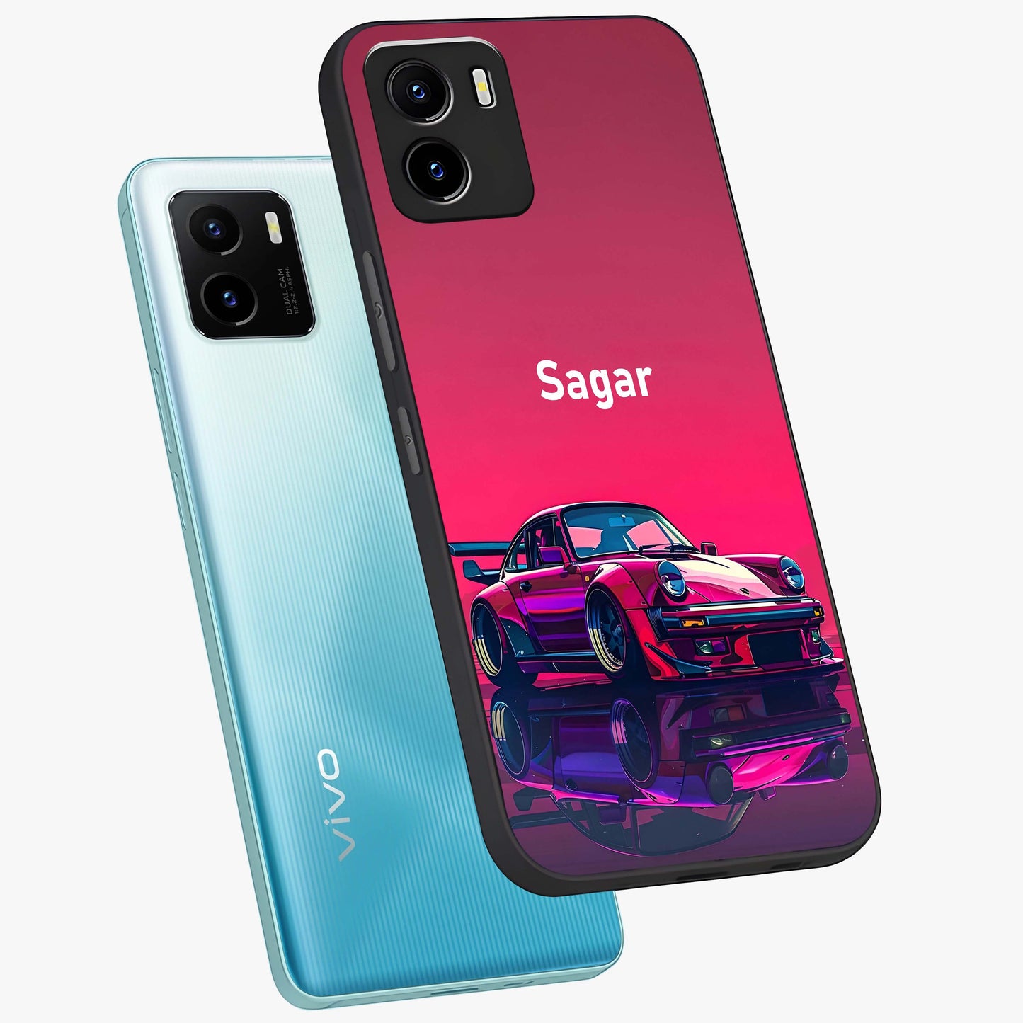 Neon Pink Porsche Glass Case displayed in angled mockup highlighting sleek neon pink car design with racing aesthetic.