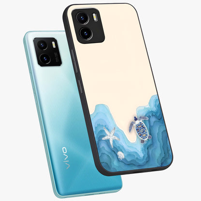 Ocean Drift Turtle Glass Case displayed in angled mockup highlighting peaceful ocean turtle illustration with marine aesthetic.