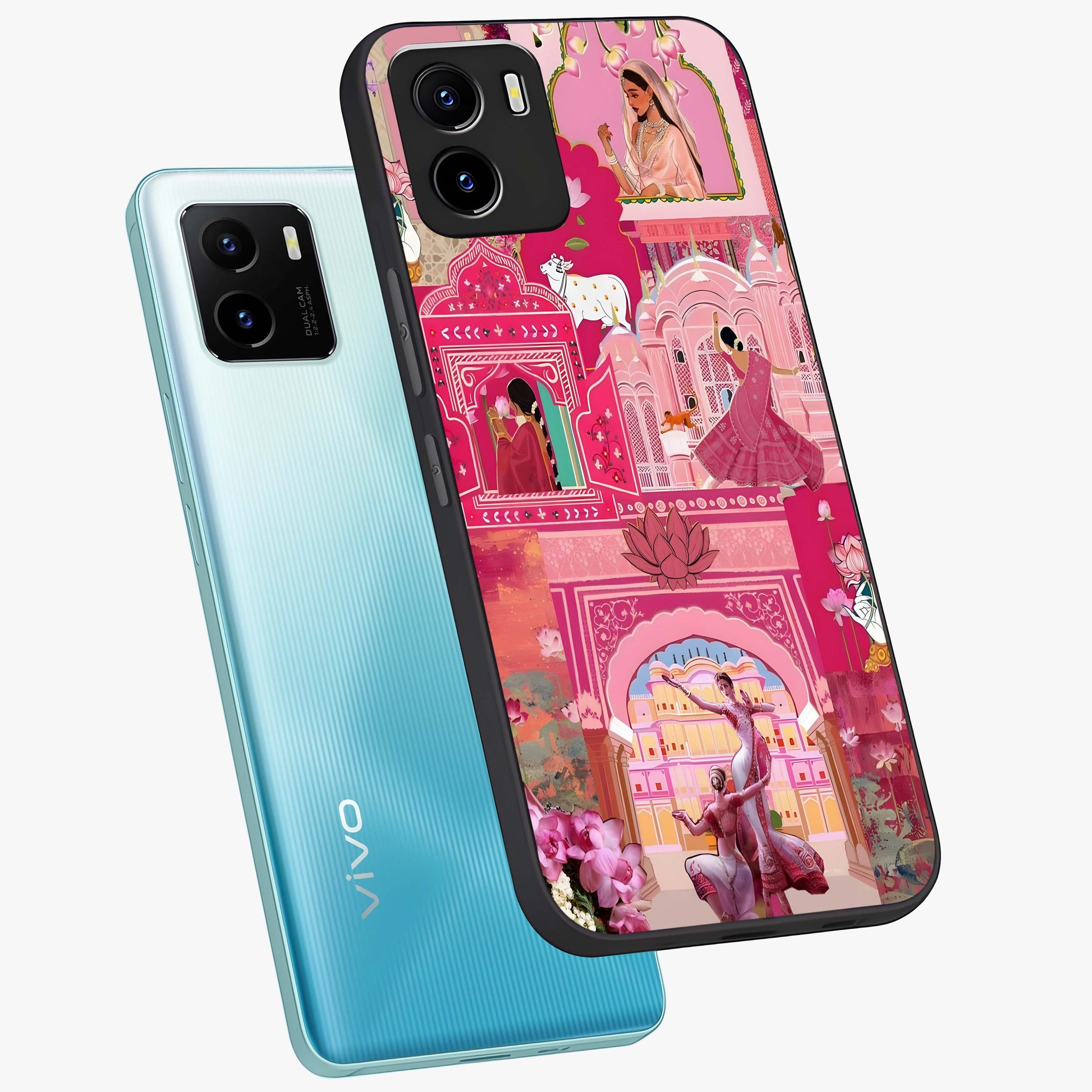 Pink Palace Muse Glass Case displayed in angled mockup highlighting dreamy palace illustration with soft pink aesthetic.