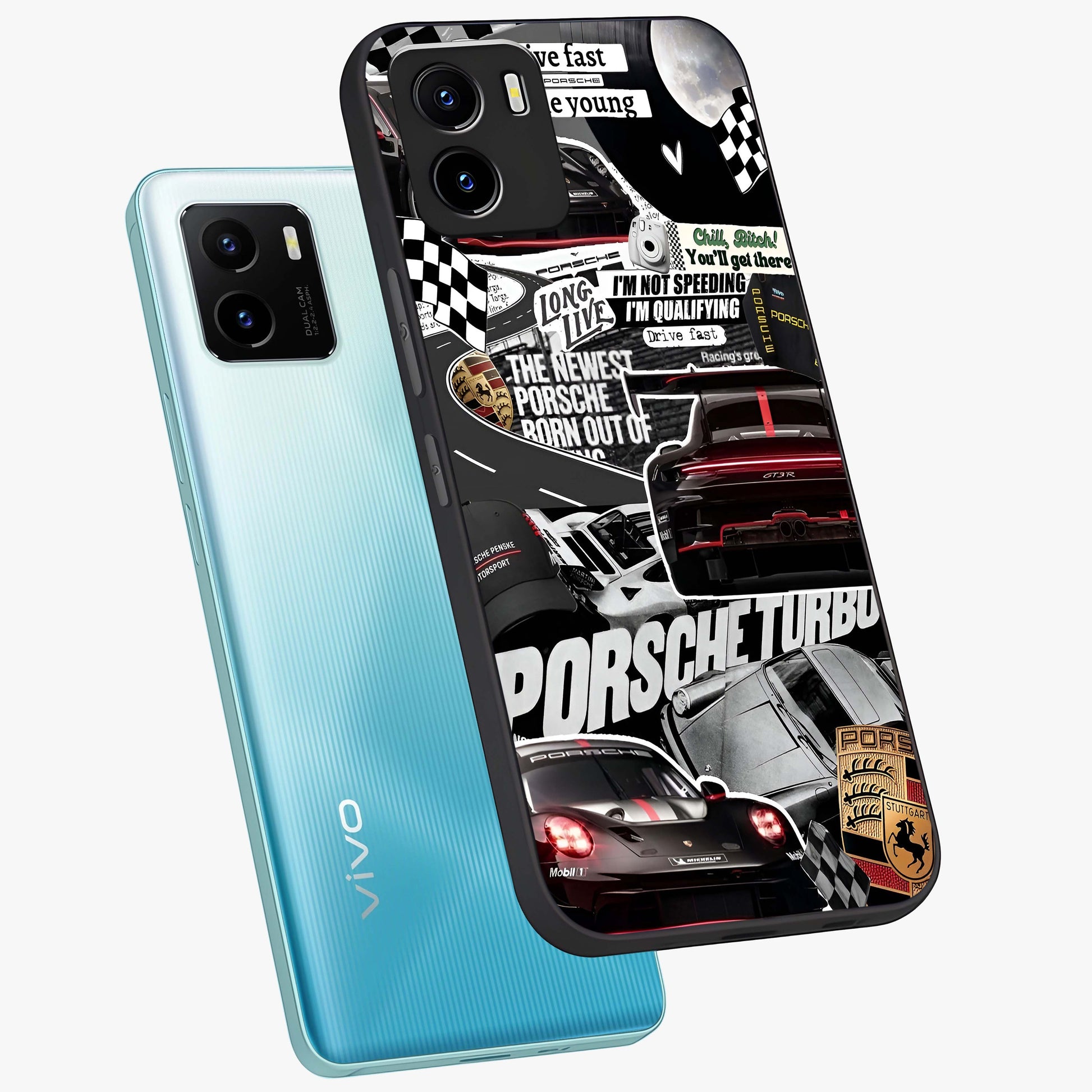 Porsche Racing Collage Glass Case displayed in angled mockup highlighting dynamic automotive design with bold racing aesthetic.