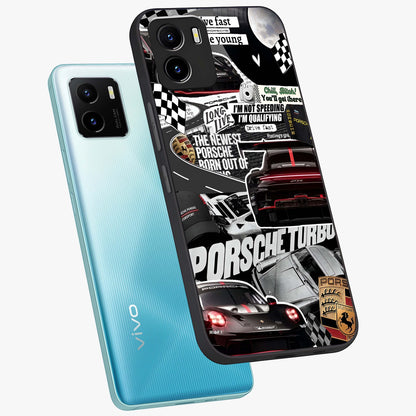 Porsche Racing Collage Glass Case displayed in angled mockup highlighting dynamic automotive design with bold racing aesthetic.