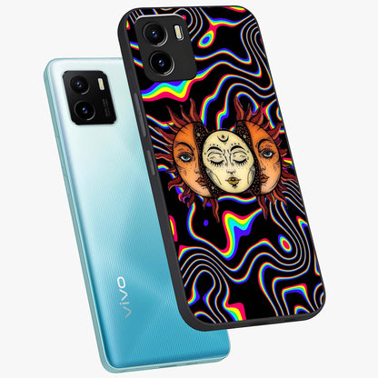 Psychedelic Sun Glass Case displayed in angled mockup highlighting vibrant abstract sun design with artistic aesthetic style.