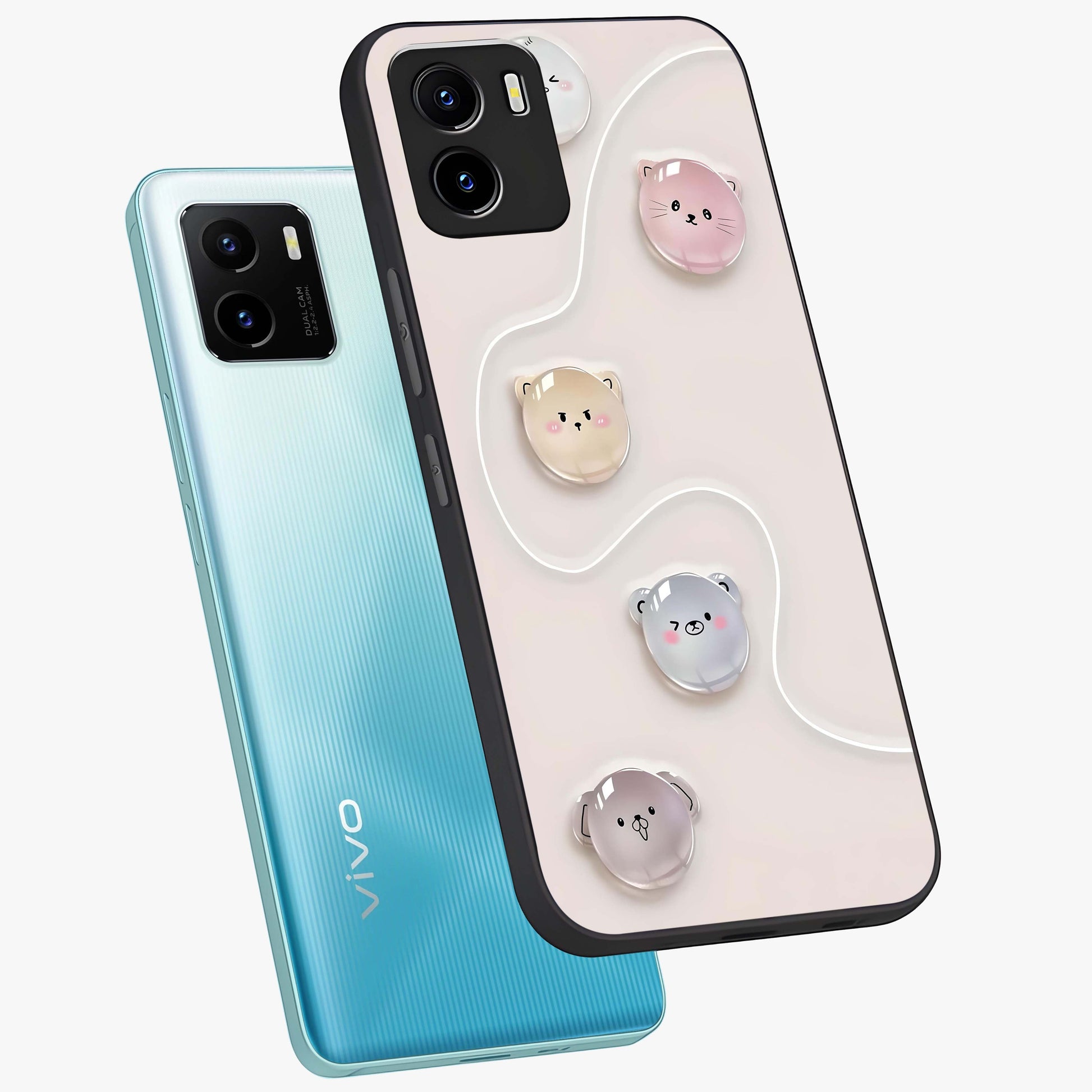 Puffy Face Parade Glass Case displayed in angled mockup highlighting playful cartoon face design with fun aesthetic.