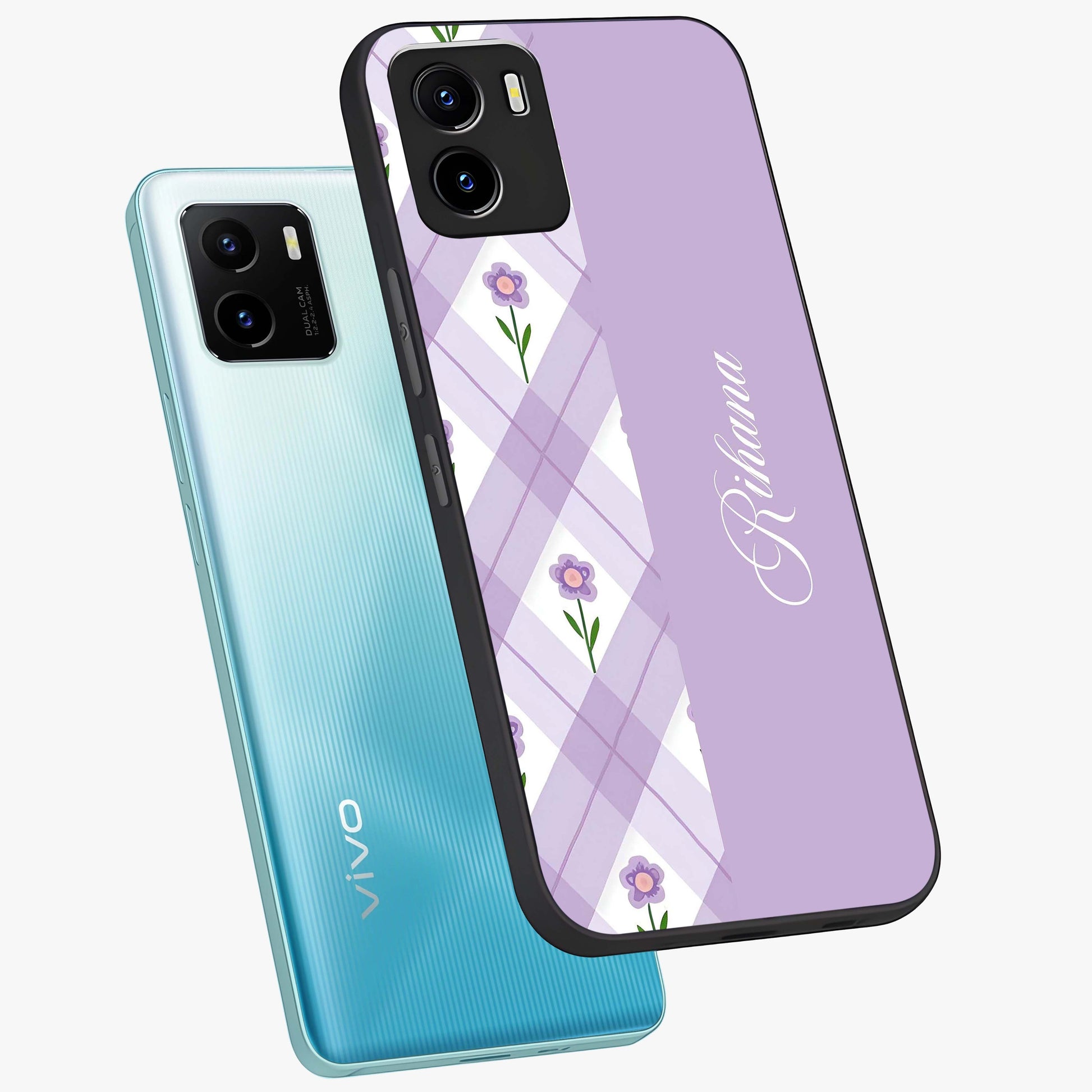 Purple Diamond Floral Glass Case displayed in angled mockup highlighting elegant purple flower design with decorative pattern.