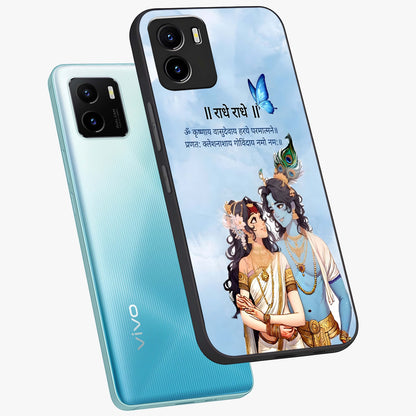 Radha Krishna Eternal Glass Case displayed in angled mockup highlighting divine Radha Krishna illustration with spiritual aesthetic.
