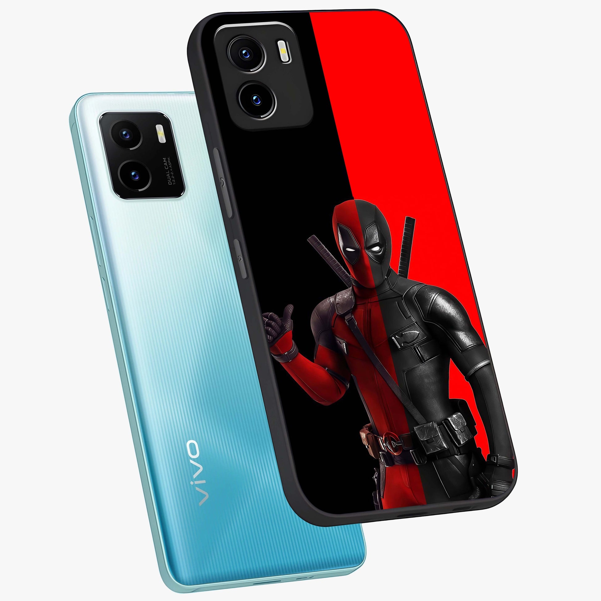 Red & Black Deadpool Theme Glass Case displayed in angled mockup highlighting vibrant superhero style illustration with action aesthetic.