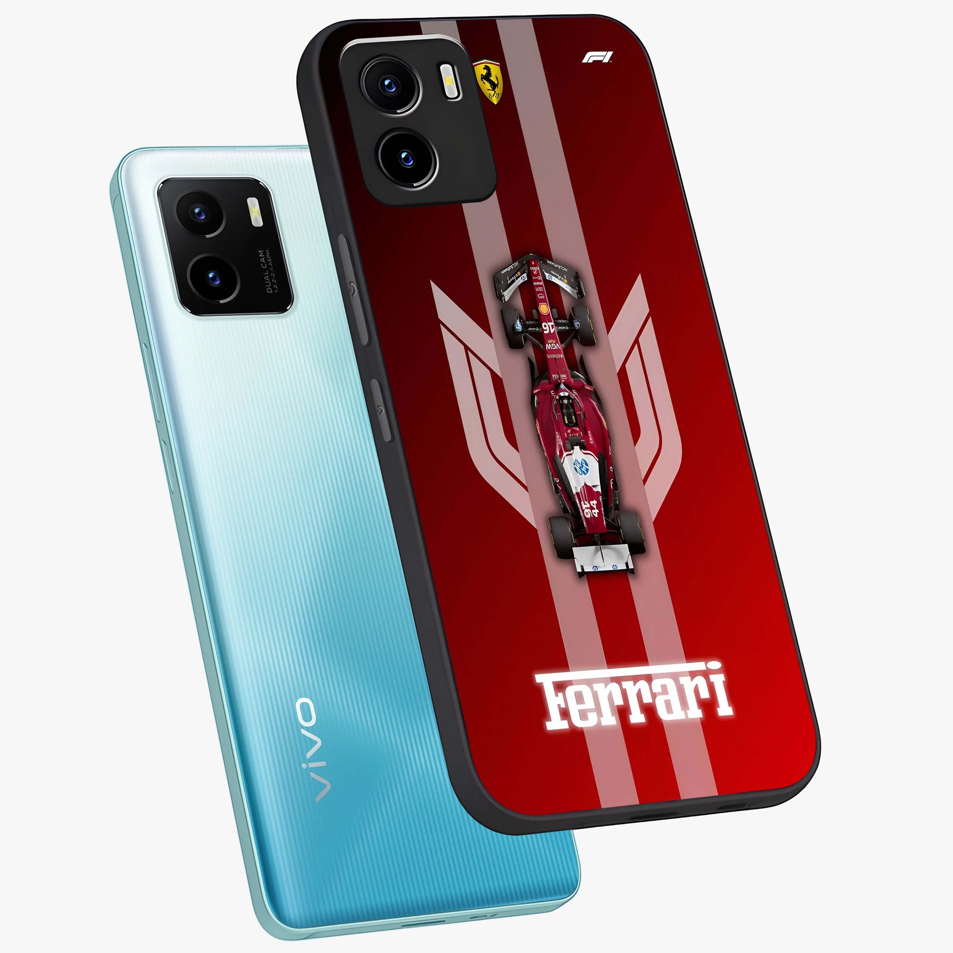 Red Ferrari F1 Vertical Glass Case displayed in angled mockup highlighting high speed racing design with bold automotive aesthetic.