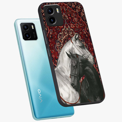 Regal Stallion Tapestry Glass Case displayed in angled mockup highlighting royal stallion design with decorative heritage aesthetic.