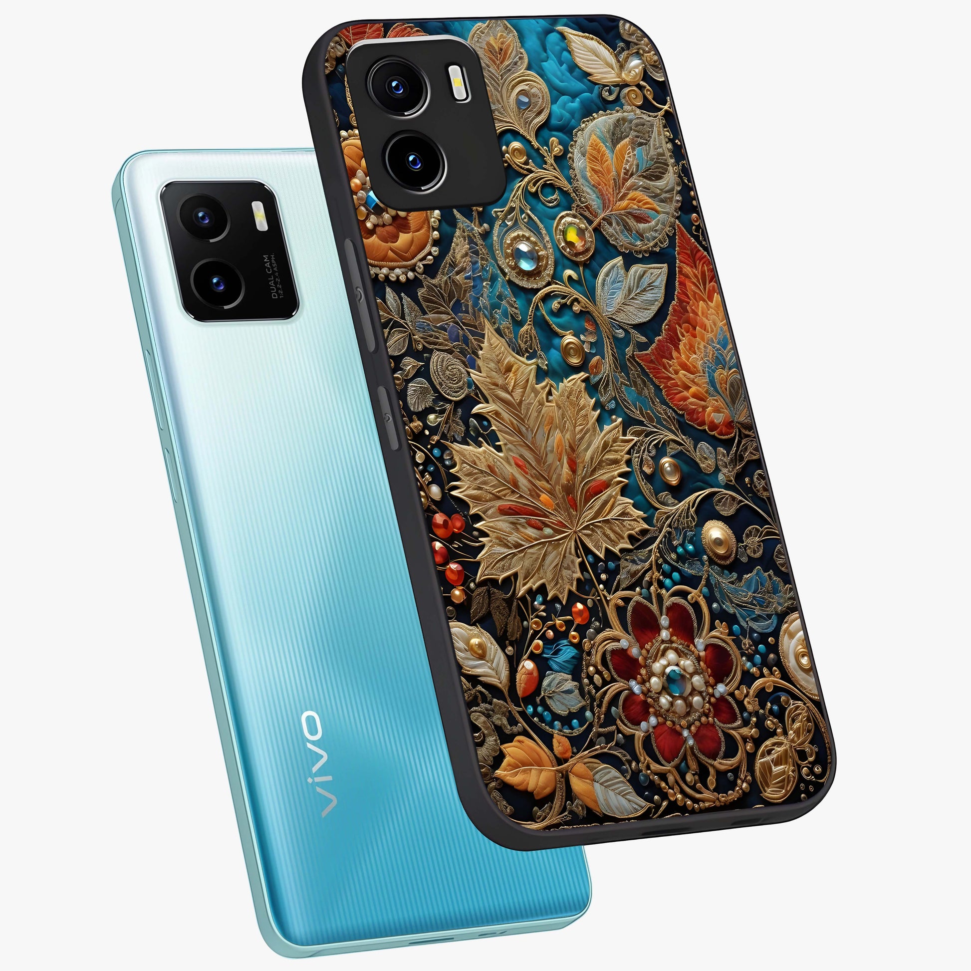 Royal Jewel Garden Glass Case displayed in angled mockup highlighting vibrant jewel inspired floral design with elegant aesthetic.