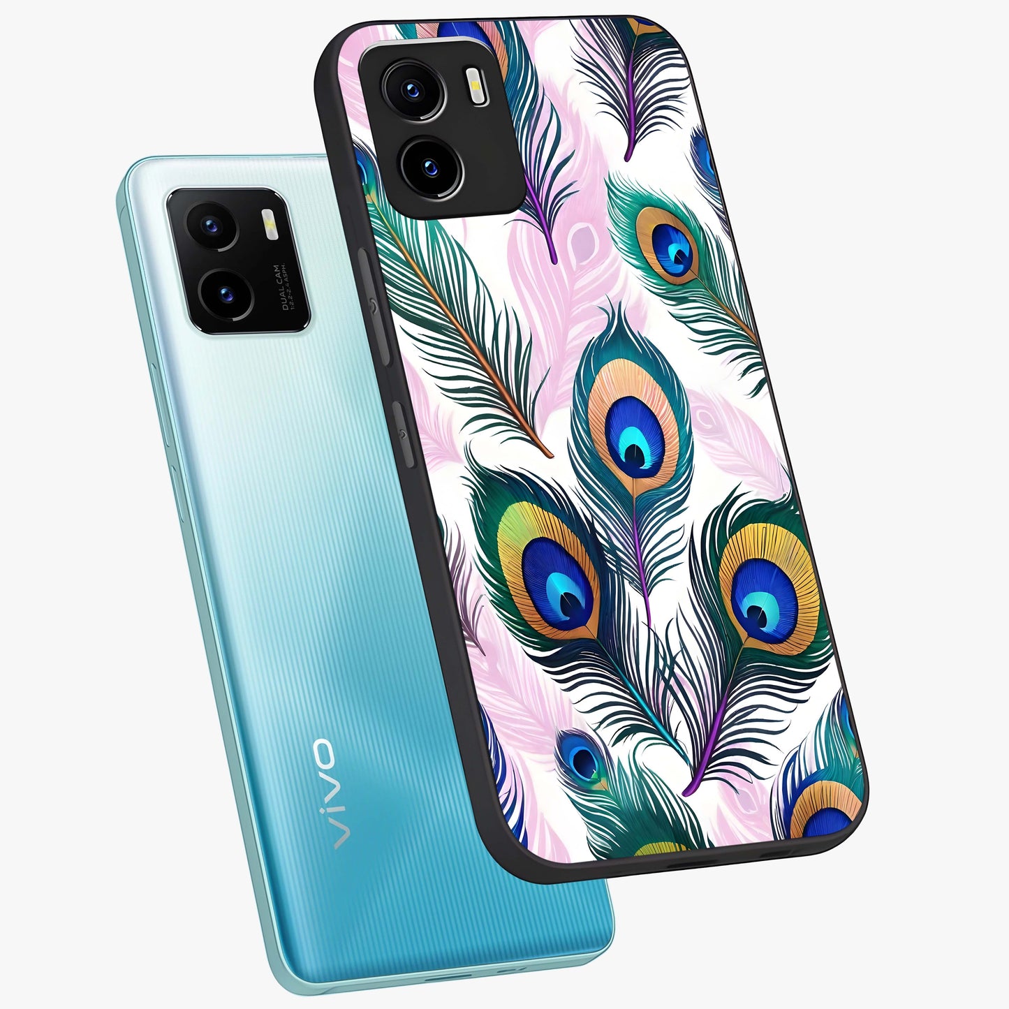 Royal Peacock Feathers Glass Case displayed in angled mockup highlighting vibrant feather pattern with regal aesthetic style.