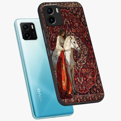 Royal Rider Tapestry Glass Case displayed in angled mockup highlighting traditional tapestry design with royal heritage aesthetic.