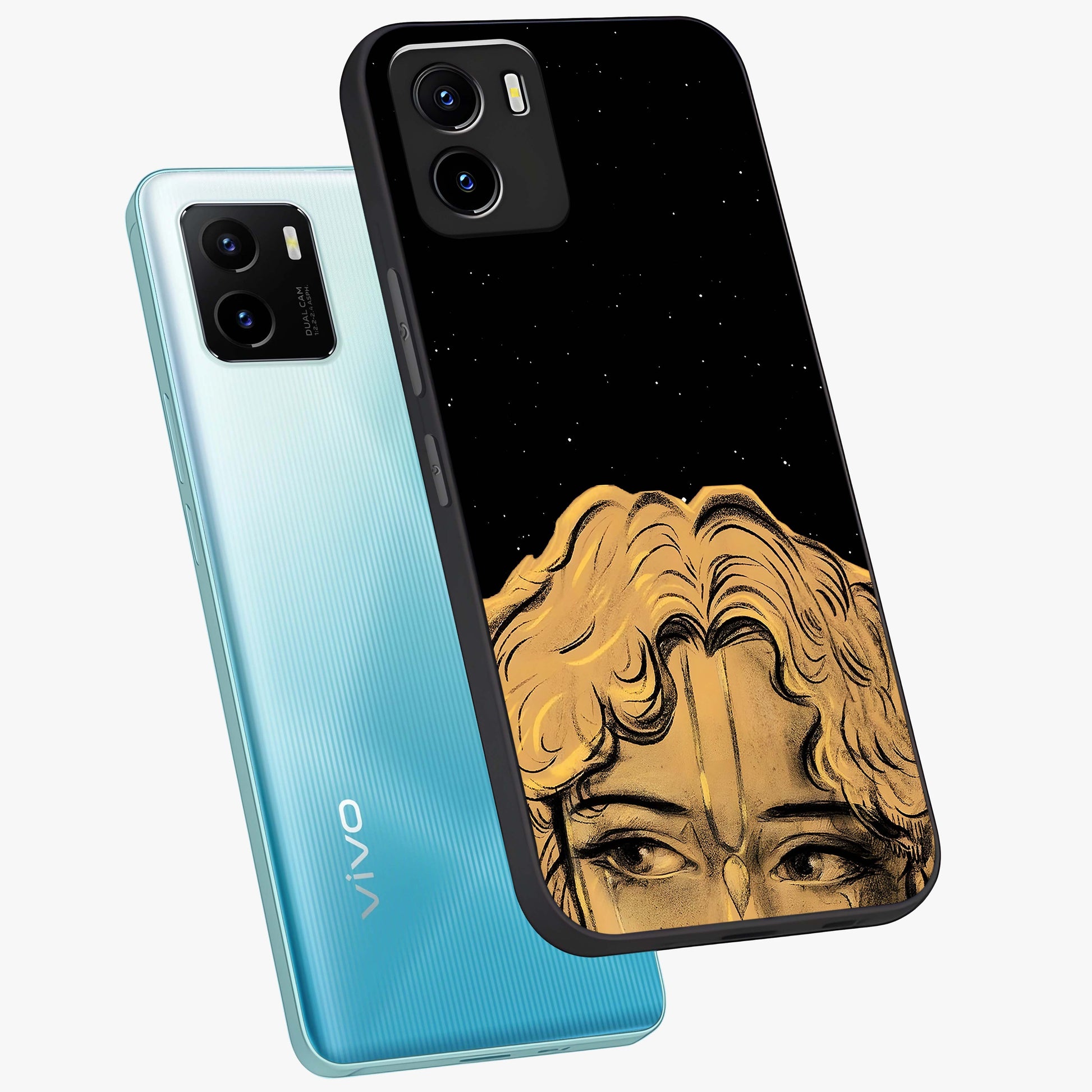 Shri Krishna Art Glass Case displayed in angled mockup highlighting spiritual Krishna illustration with divine aesthetic.