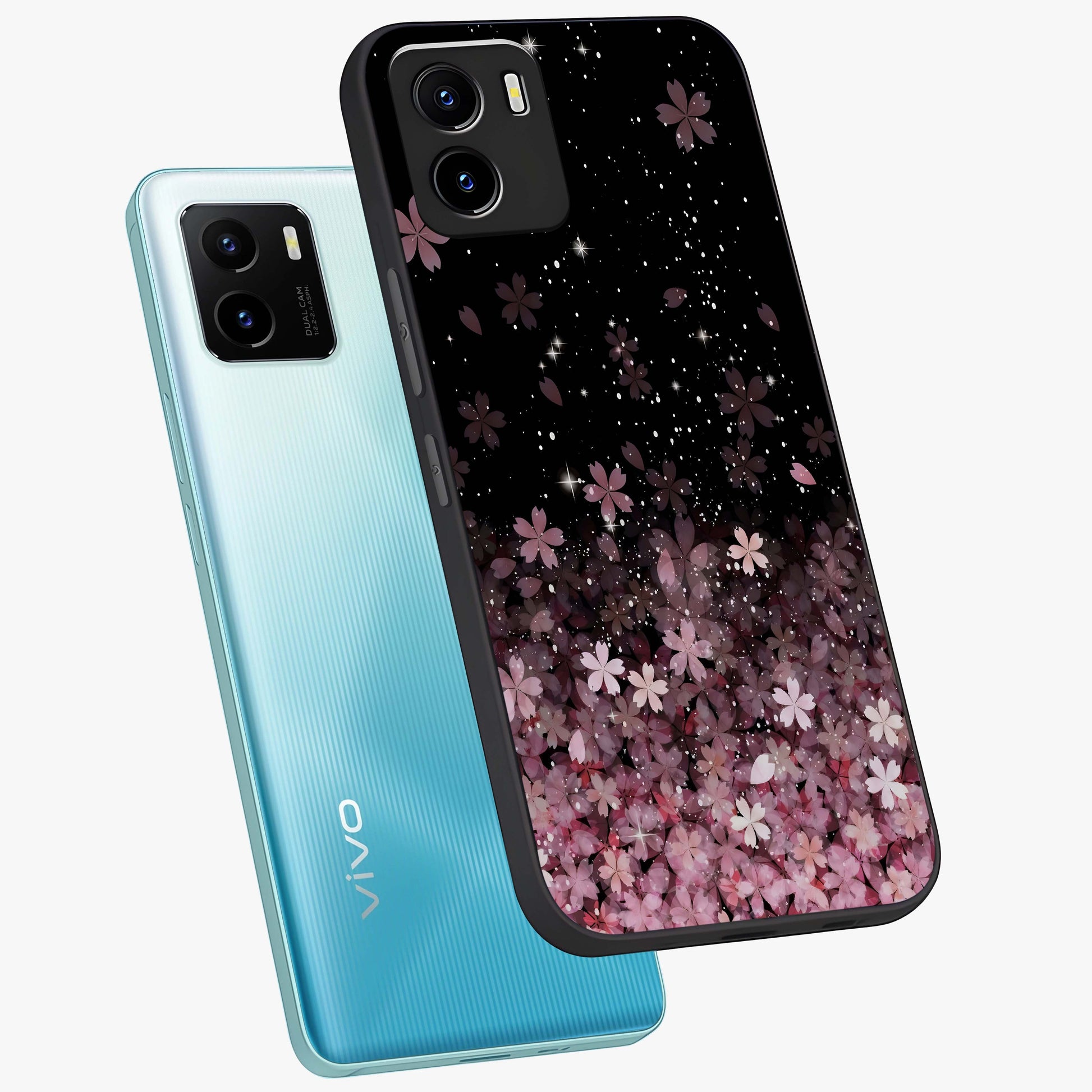 Small Starry Flowers Glass Case displayed in angled mockup highlighting tiny flower pattern with celestial aesthetic style.