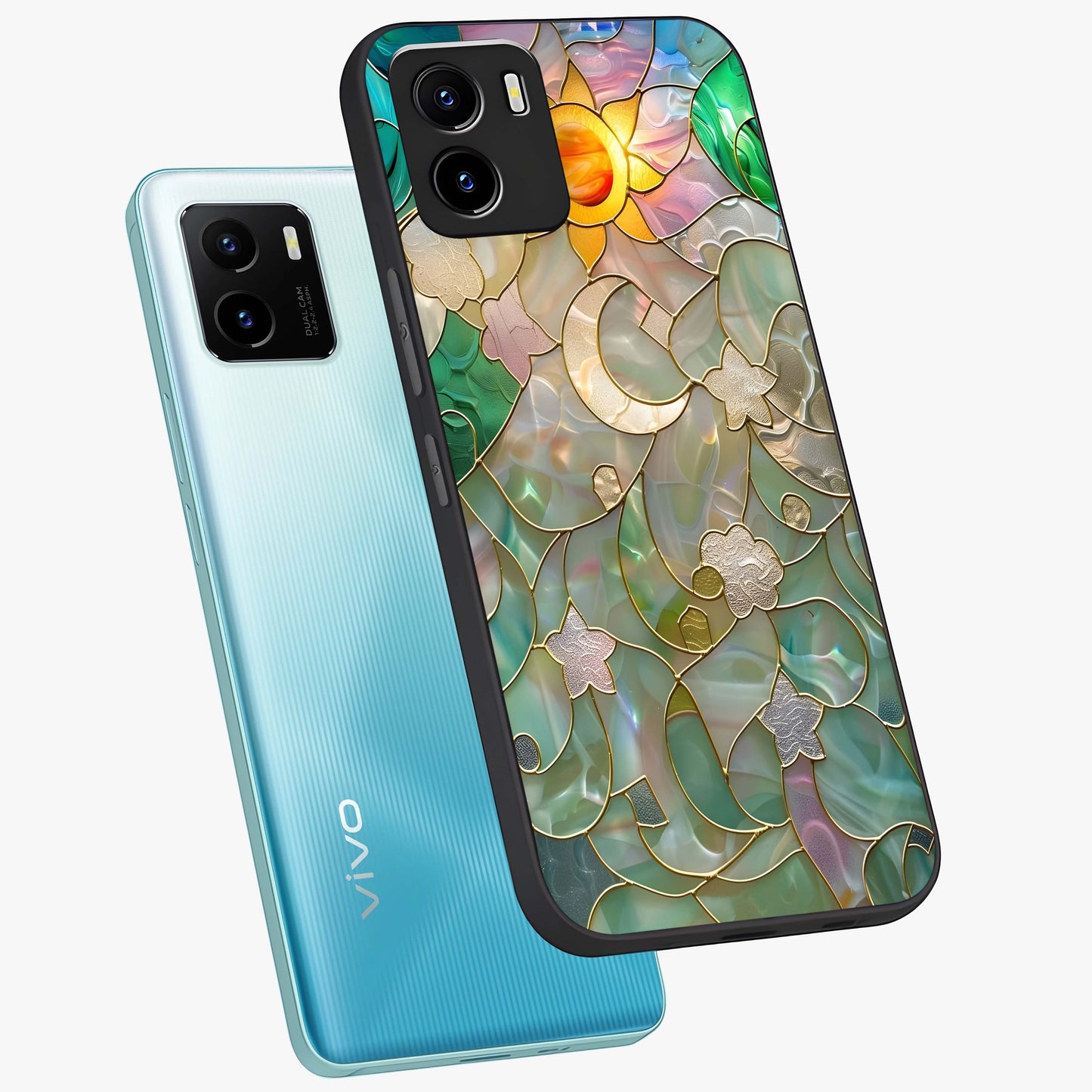 Stained Sunrise Glow Glass Case displayed in angled mockup highlighting radiant sunrise design with artistic aesthetic style.