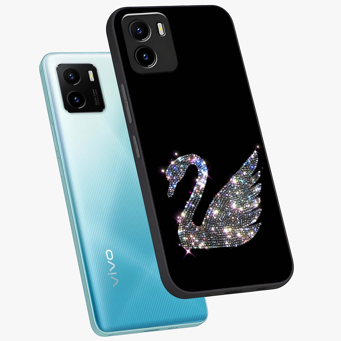 Starlit Swan Grace Glass Case displayed in angled mockup highlighting elegant swan illustration with dreamy celestial aesthetic.