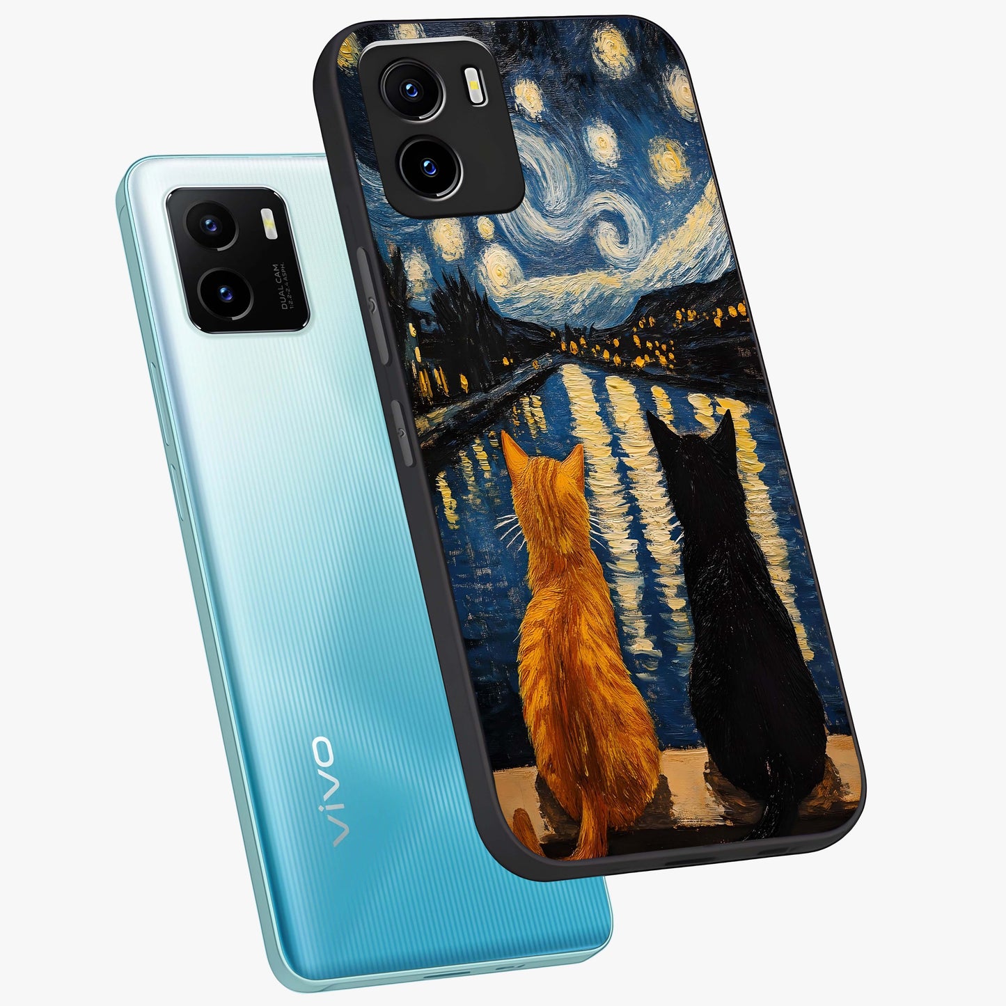 Starry River Cats Glass Case displayed in angled mockup highlighting charming feline illustration with dreamy night aesthetic.