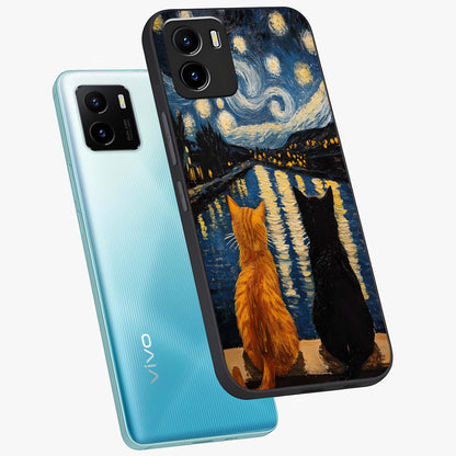 Starry River Cats Glass Case displayed in angled mockup highlighting charming feline illustration with dreamy night aesthetic.