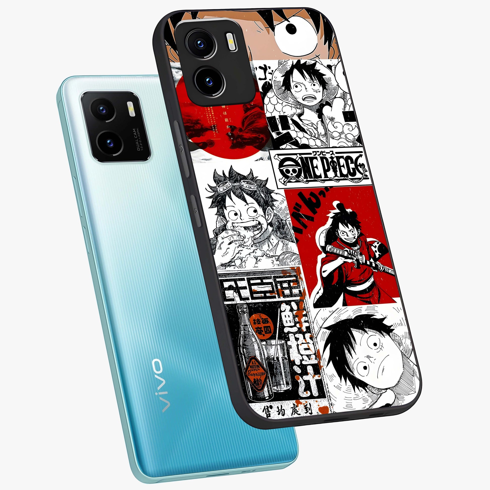 Strawhat Chaos Panels Glass Case displayed in angled mockup highlighting vibrant anime collage design with action aesthetic.