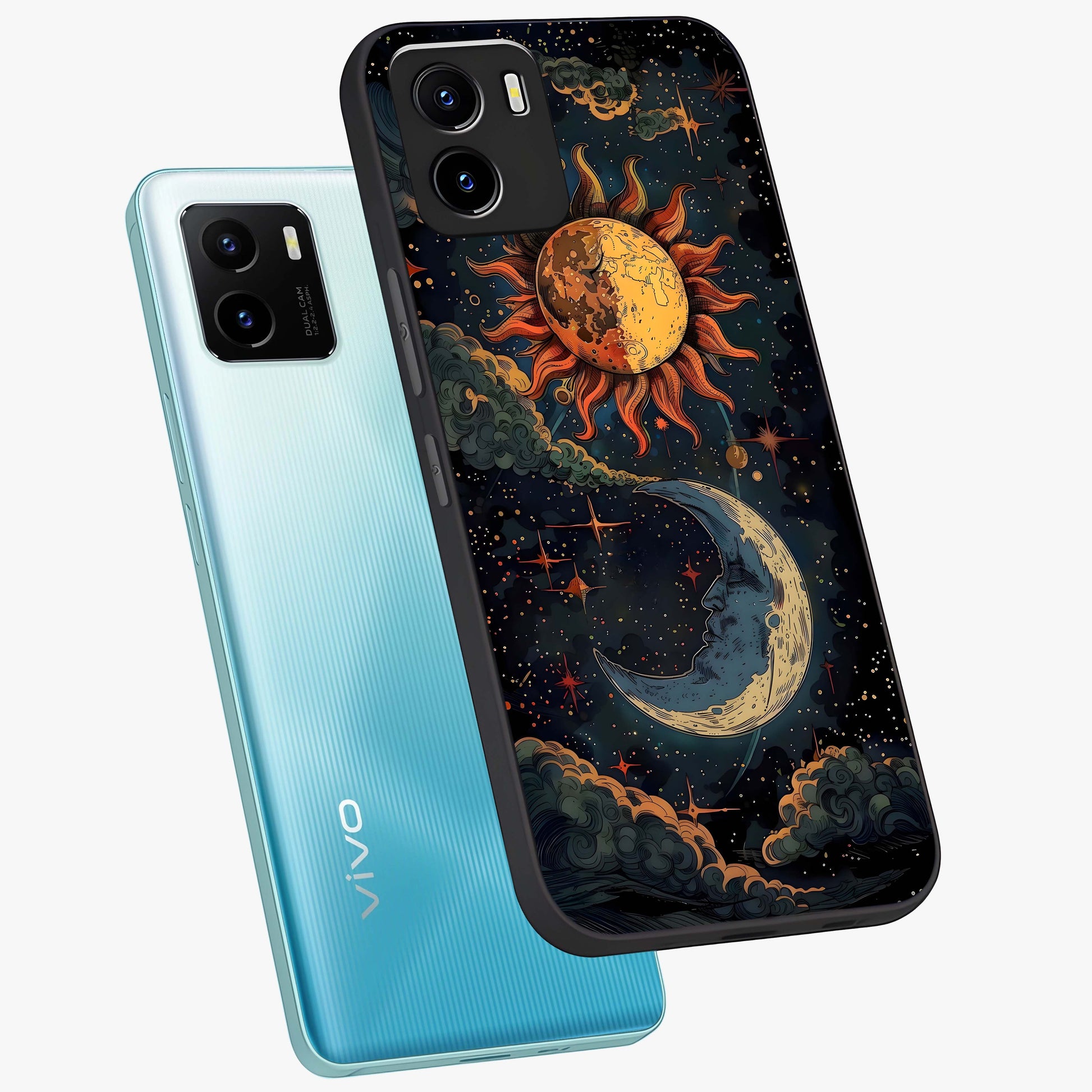 Sun And Moon Magic Design Glass Case displayed in angled mockup highlighting celestial design with magical cosmic aesthetic.