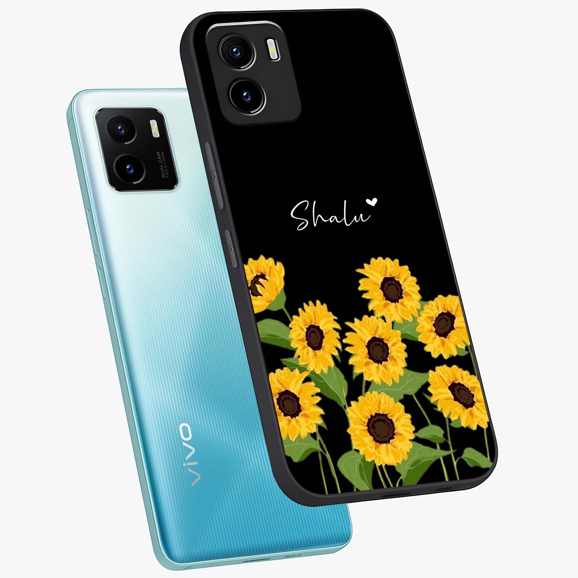 Sunflower Chic Mood Custom Name Glass Case displayed in angled mockup highlighting vibrant sunflower design with custom name feature.